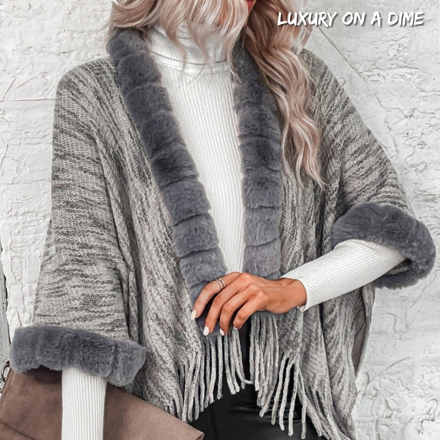 Plush Faux Fur Trim Retro Fringe Hem Open Front Knit Poncho Cardigan