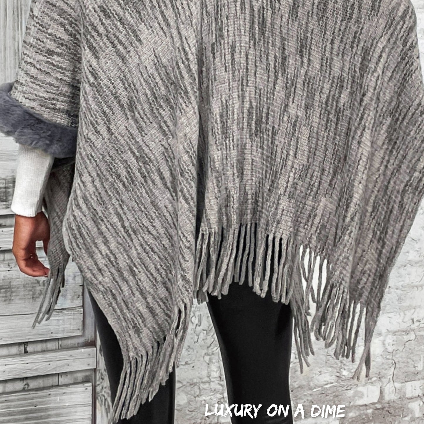 Plush Faux Fur Trim Retro Fringe Hem Open Front Knit Poncho Cardigan