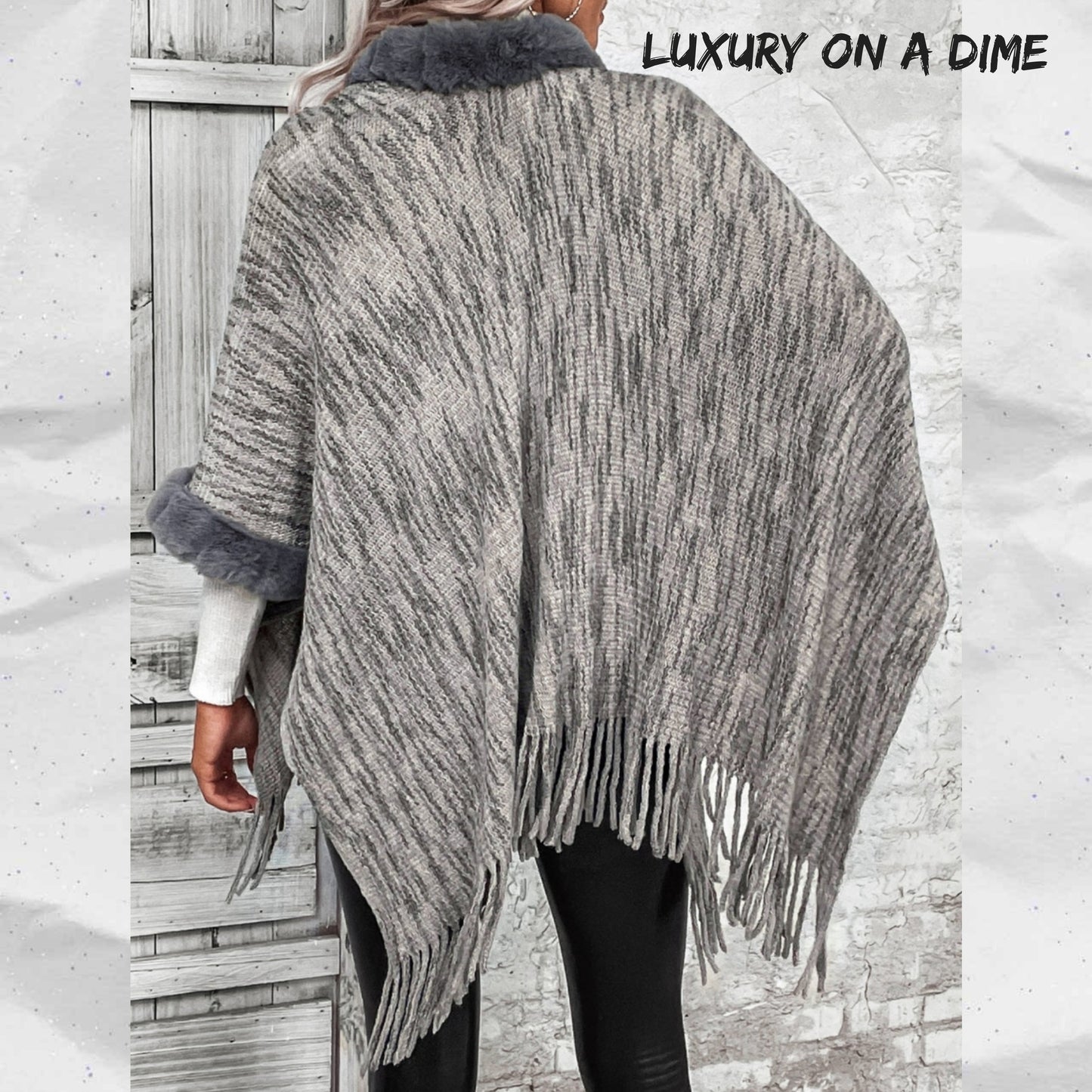 Plush Faux Fur Trim Retro Fringe Hem Open Front Knit Poncho Cardigan