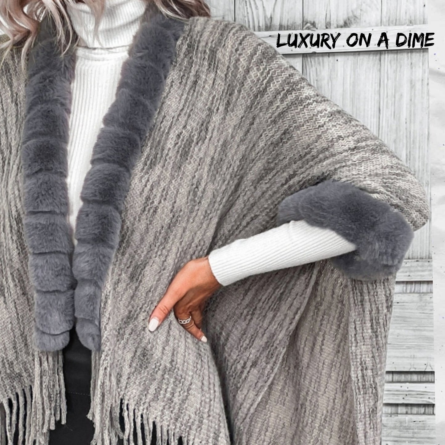 Plush Faux Fur Trim Retro Fringe Hem Open Front Knit Poncho Cardigan