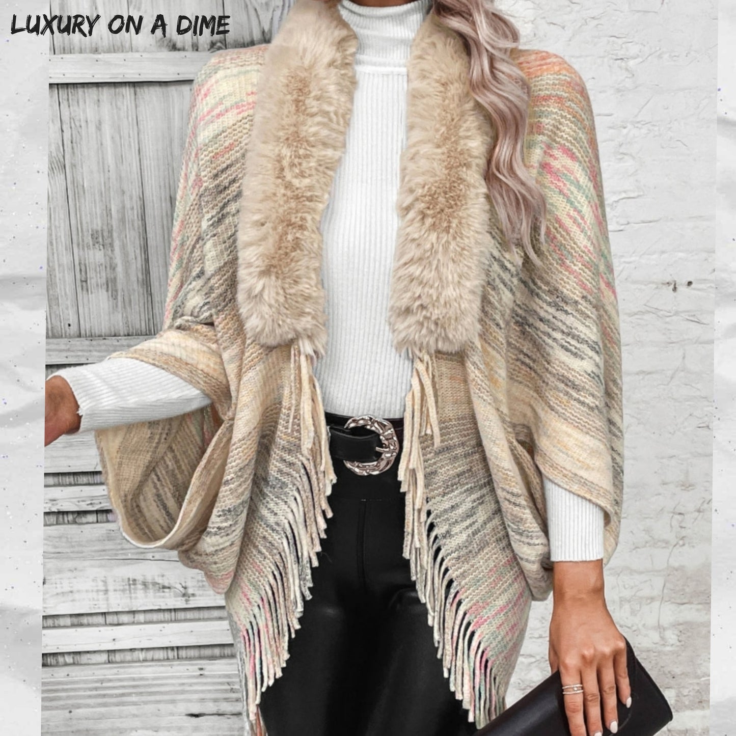 Colorful Knit Faux Fur Retro Fringe Hem Open Front Oversized Bolero Cardigan