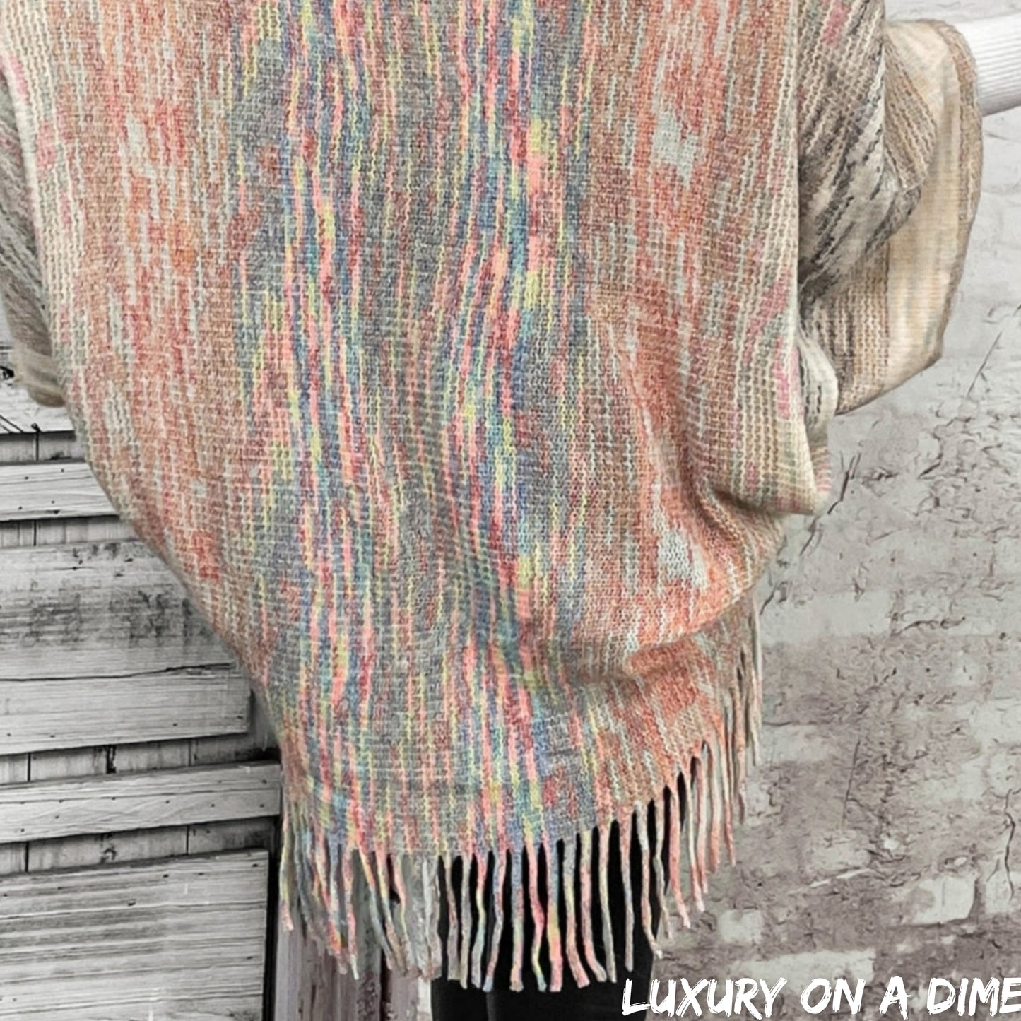 Colorful Knit Faux Fur Retro Fringe Hem Open Front Oversized Bolero Cardigan