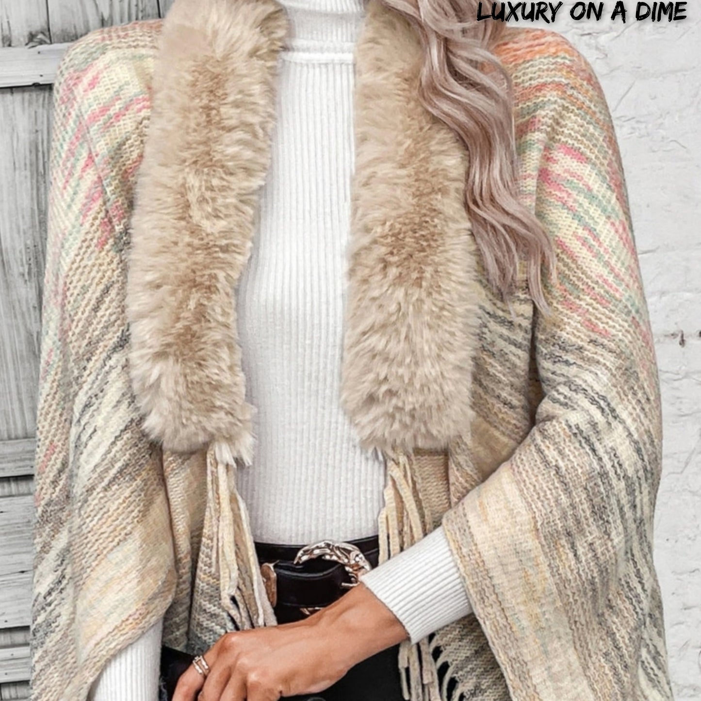 Colorful Knit Faux Fur Retro Fringe Hem Open Front Oversized Bolero Cardigan