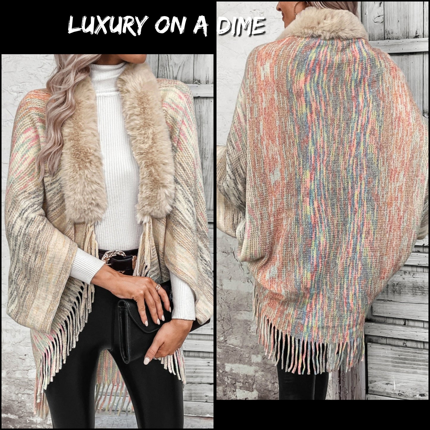 Colorful Knit Faux Fur Retro Fringe Hem Open Front Oversized Bolero Cardigan