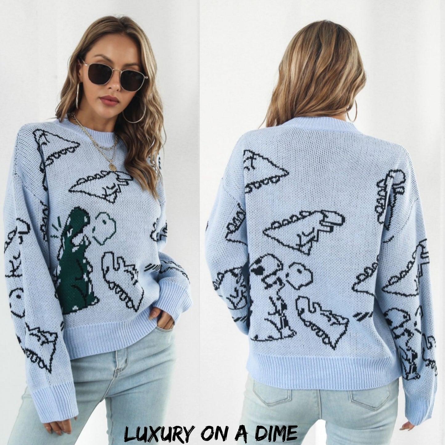 Dinosaur Knit Round Neck Playful Long Sleeve Oversized Pullover Sweater Shirt
