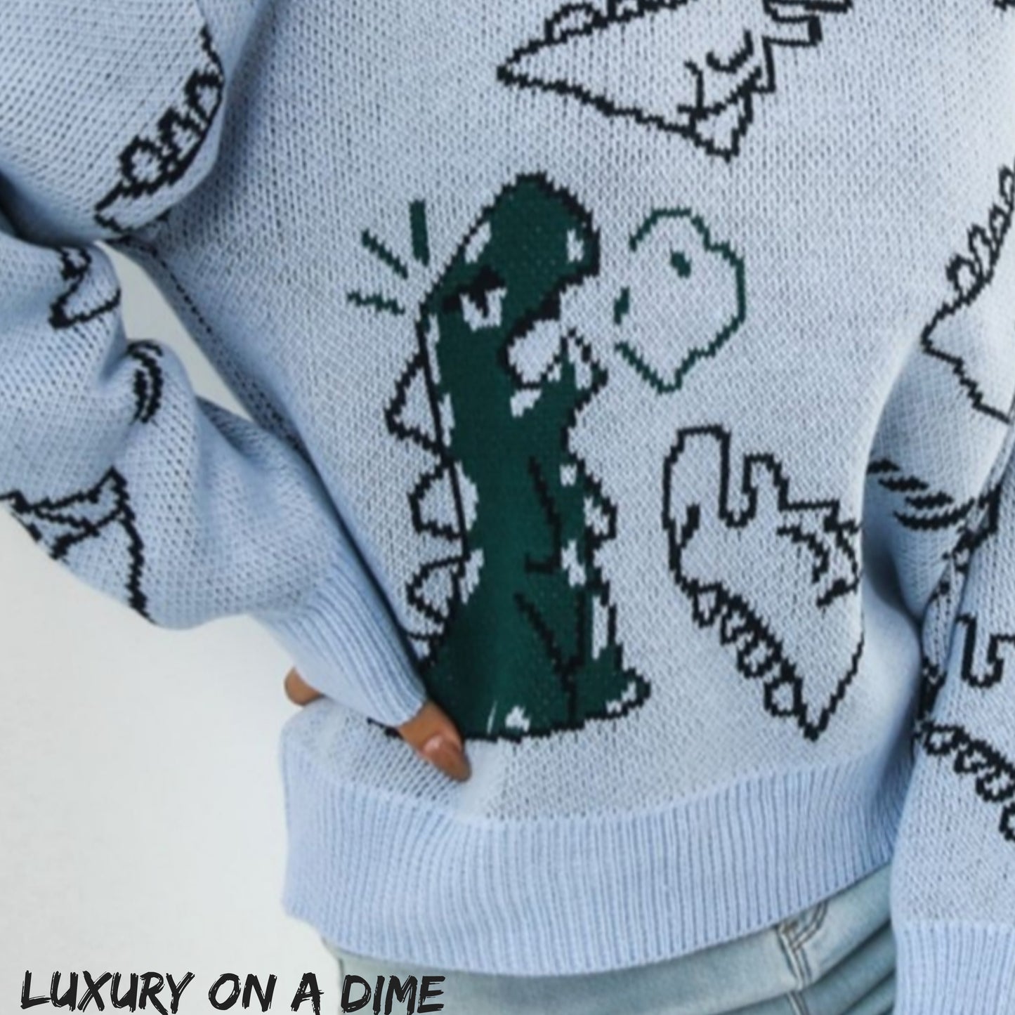 Dinosaur Knit Round Neck Playful Long Sleeve Oversized Pullover Sweater Shirt