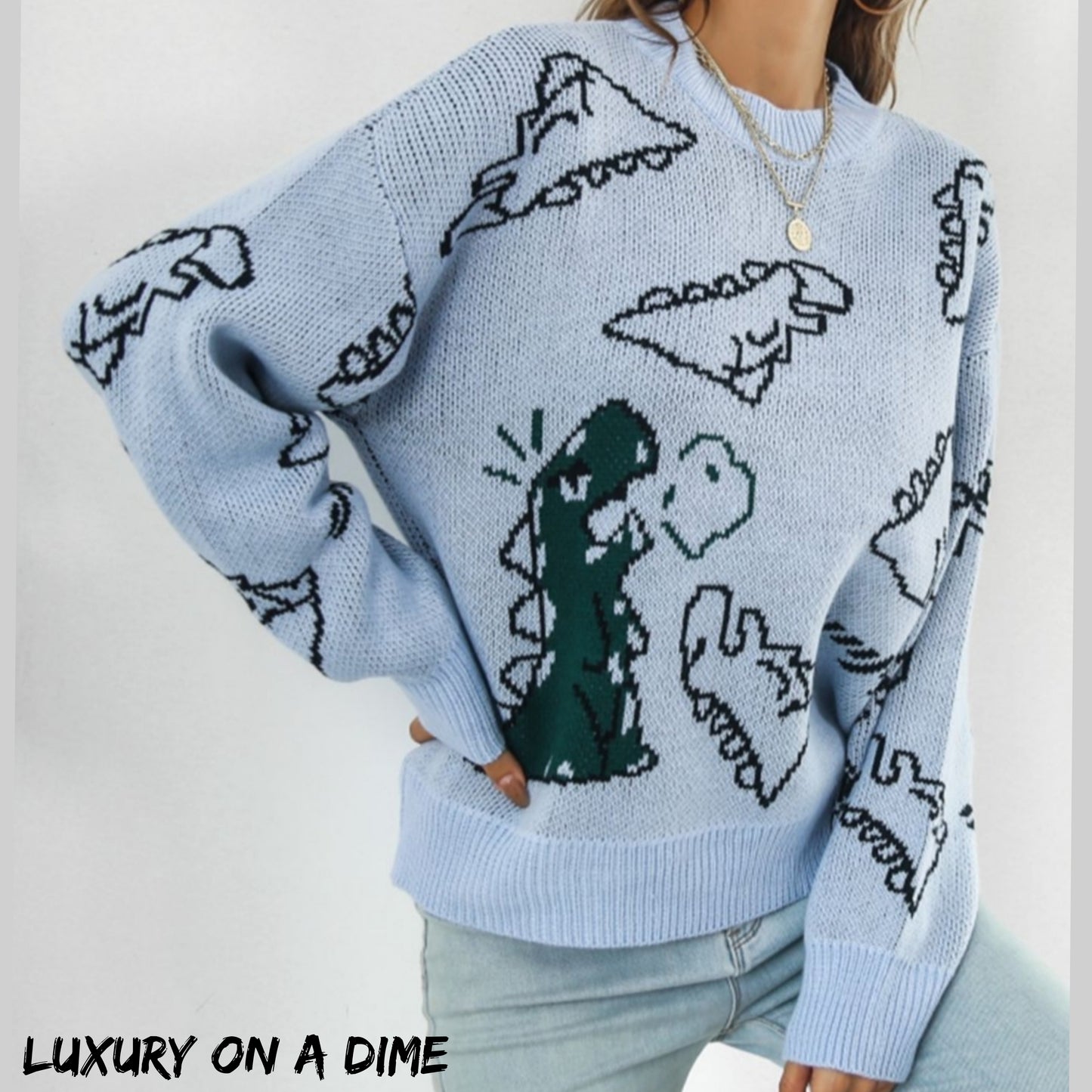 Dinosaur Knit Round Neck Playful Long Sleeve Oversized Pullover Sweater Shirt