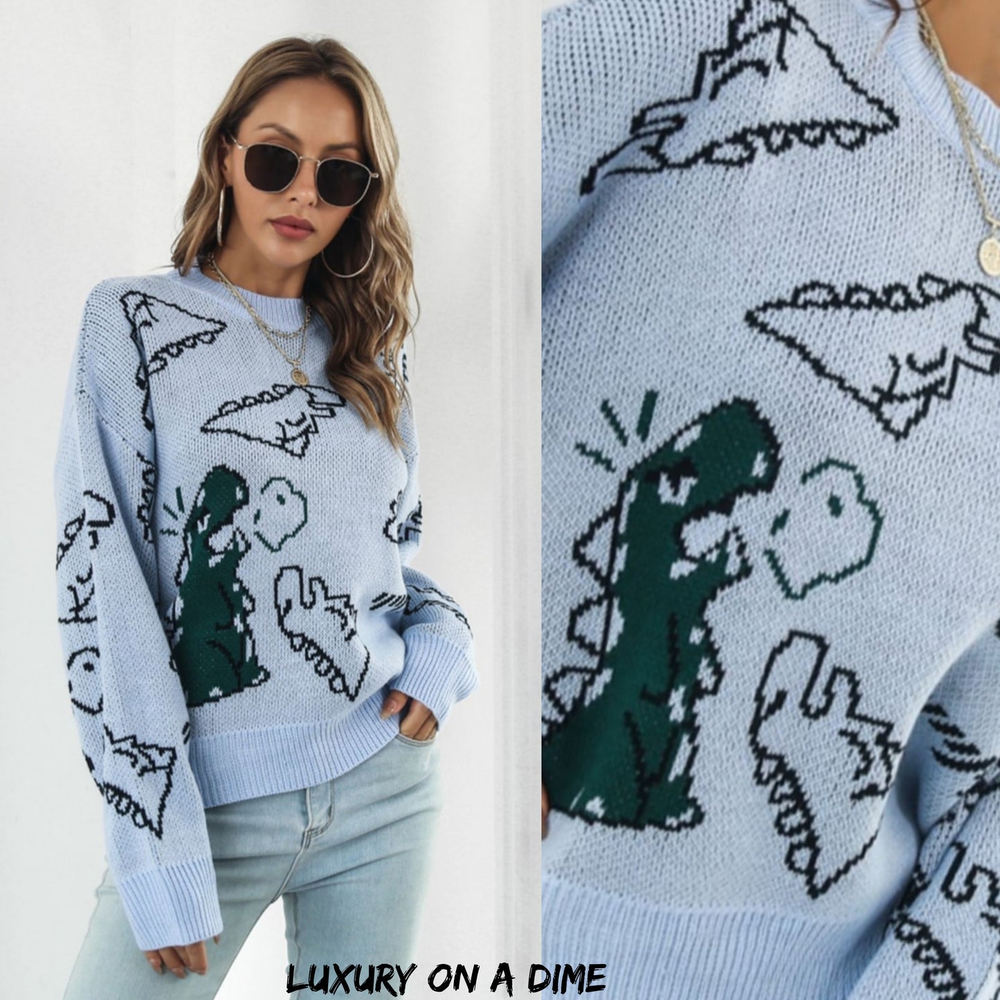 Dinosaur Knit Round Neck Playful Long Sleeve Oversized Pullover Sweater Shirt