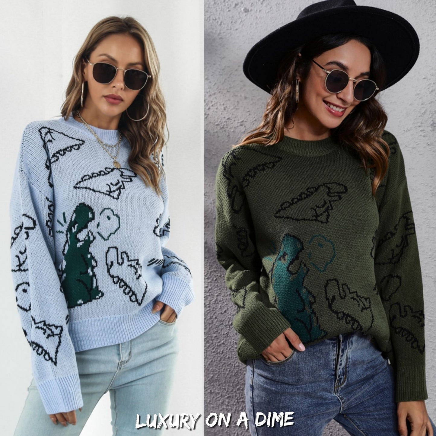 Dinosaur Knit Round Neck Playful Long Sleeve Oversized Pullover Sweater Shirt