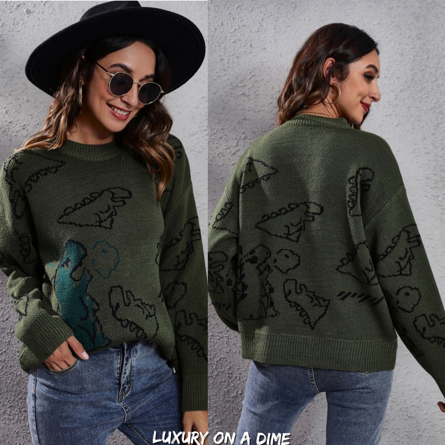 Dinosaur Knit Round Neck Playful Long Sleeve Oversized Pullover Sweater Shirt
