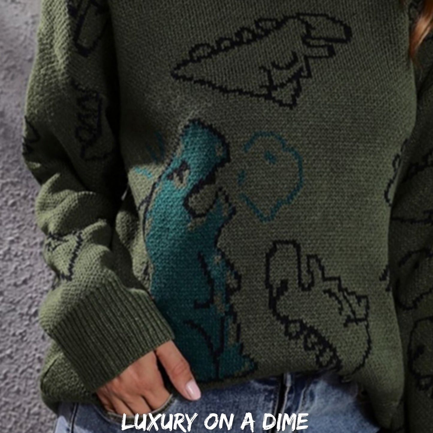Dinosaur Knit Round Neck Playful Long Sleeve Oversized Pullover Sweater Shirt