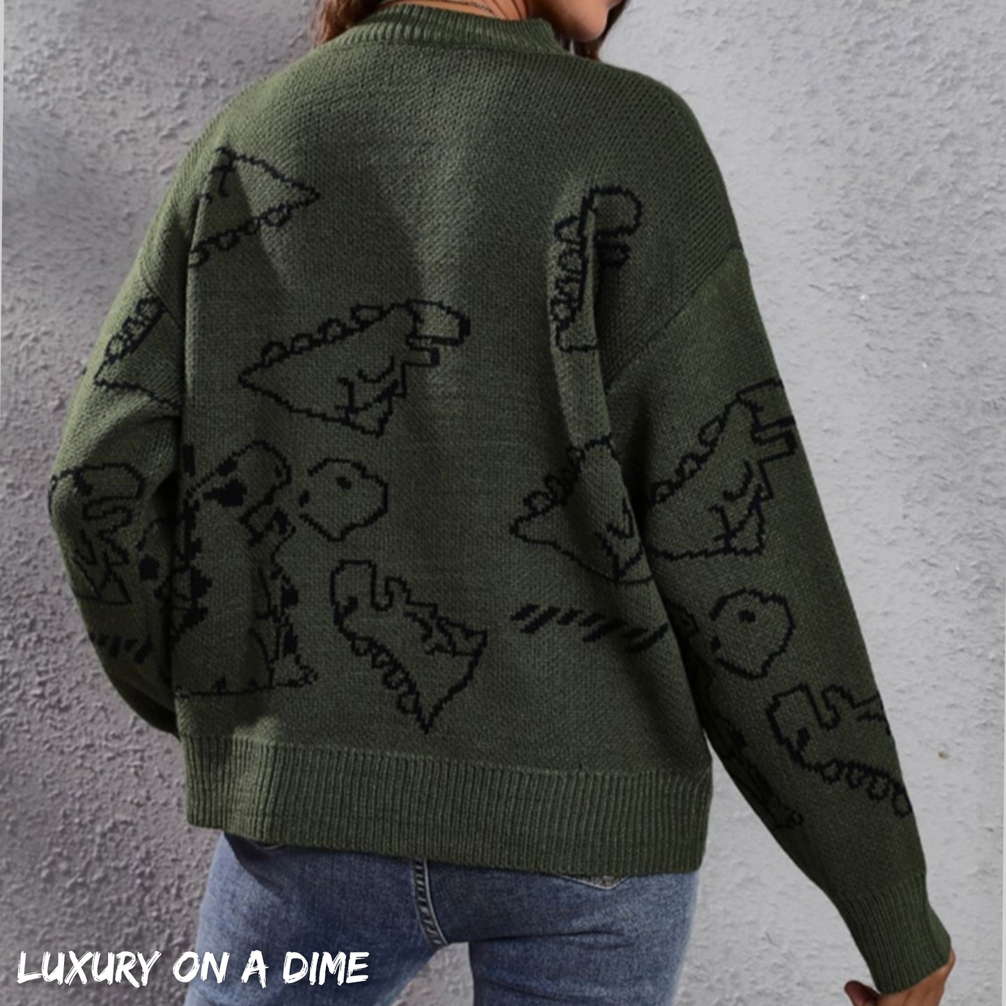 Dinosaur Knit Round Neck Playful Long Sleeve Oversized Pullover Sweater Shirt