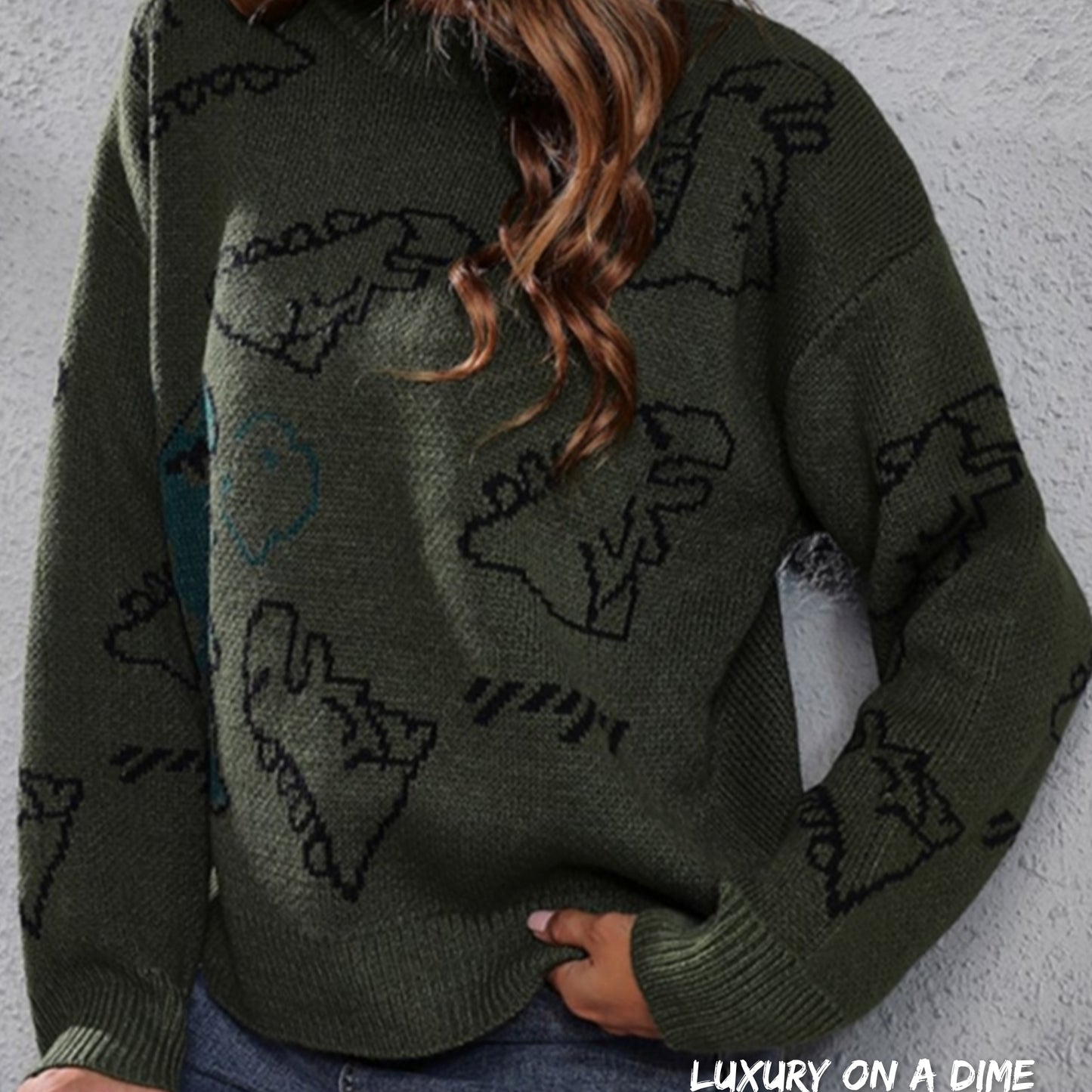 Dinosaur Knit Round Neck Playful Long Sleeve Oversized Pullover Sweater Shirt