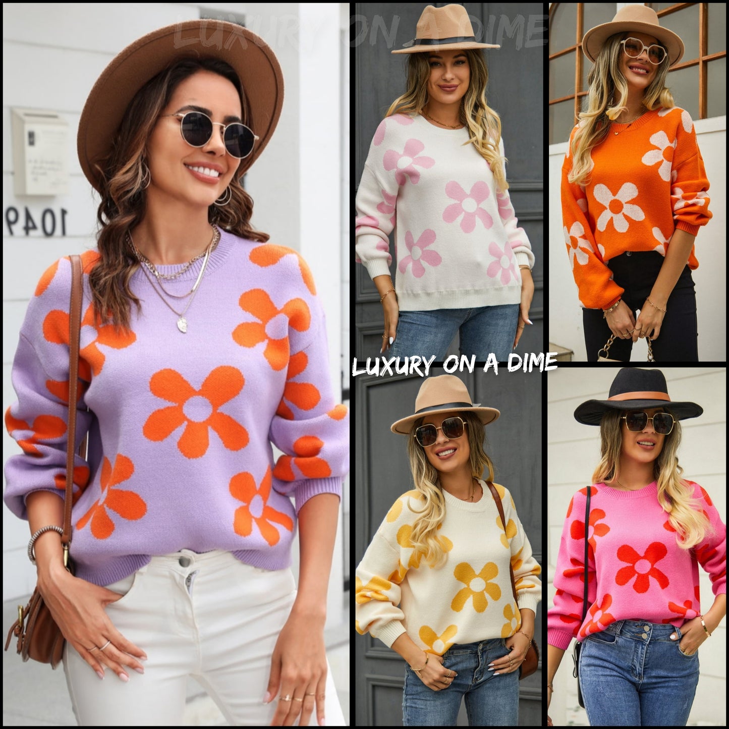 Flower Power Retro Floral Knit Round Neck Long Sleeve Oversized Pullover Sweater