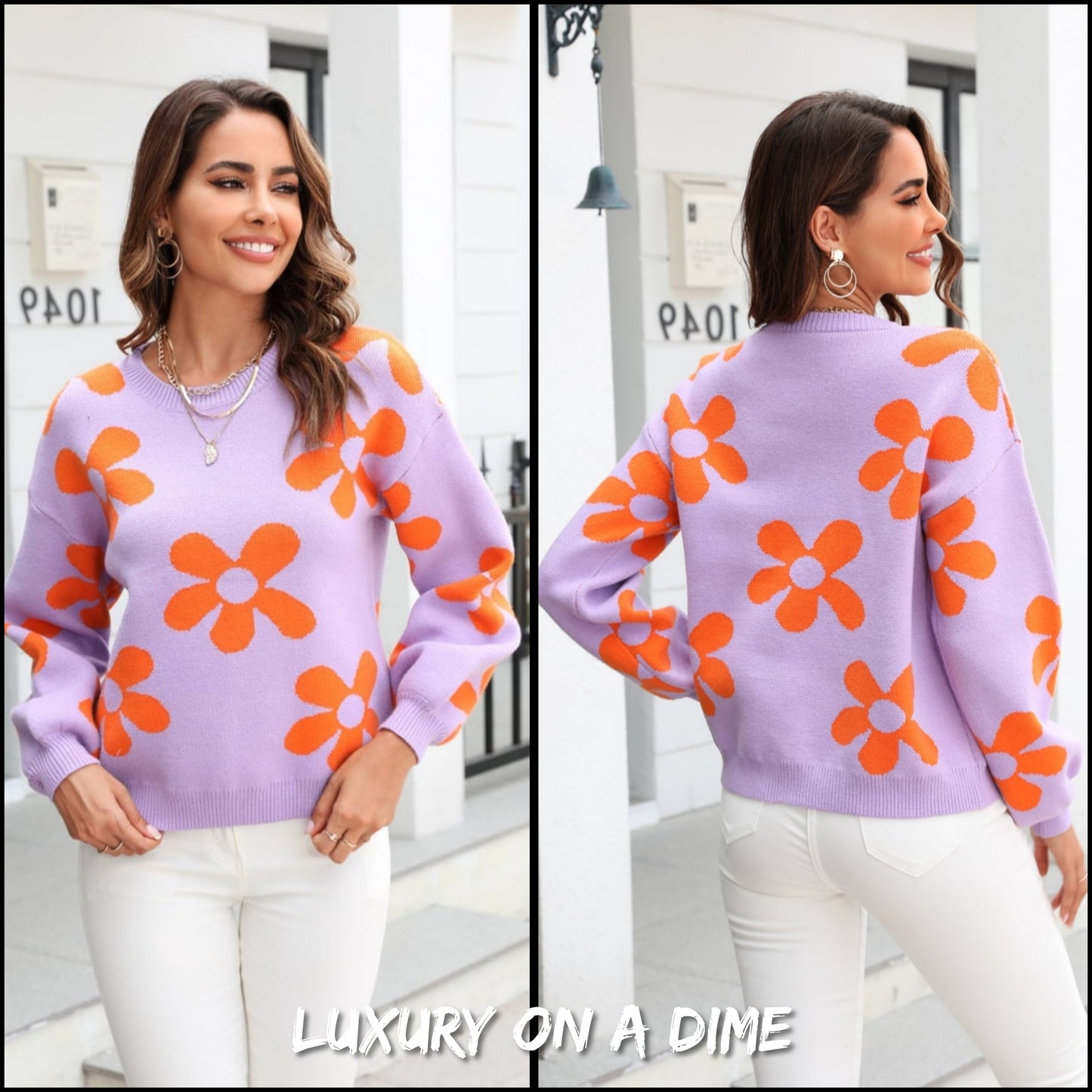 Flower Power Retro Floral Knit Round Neck Long Sleeve Oversized Pullover Sweater