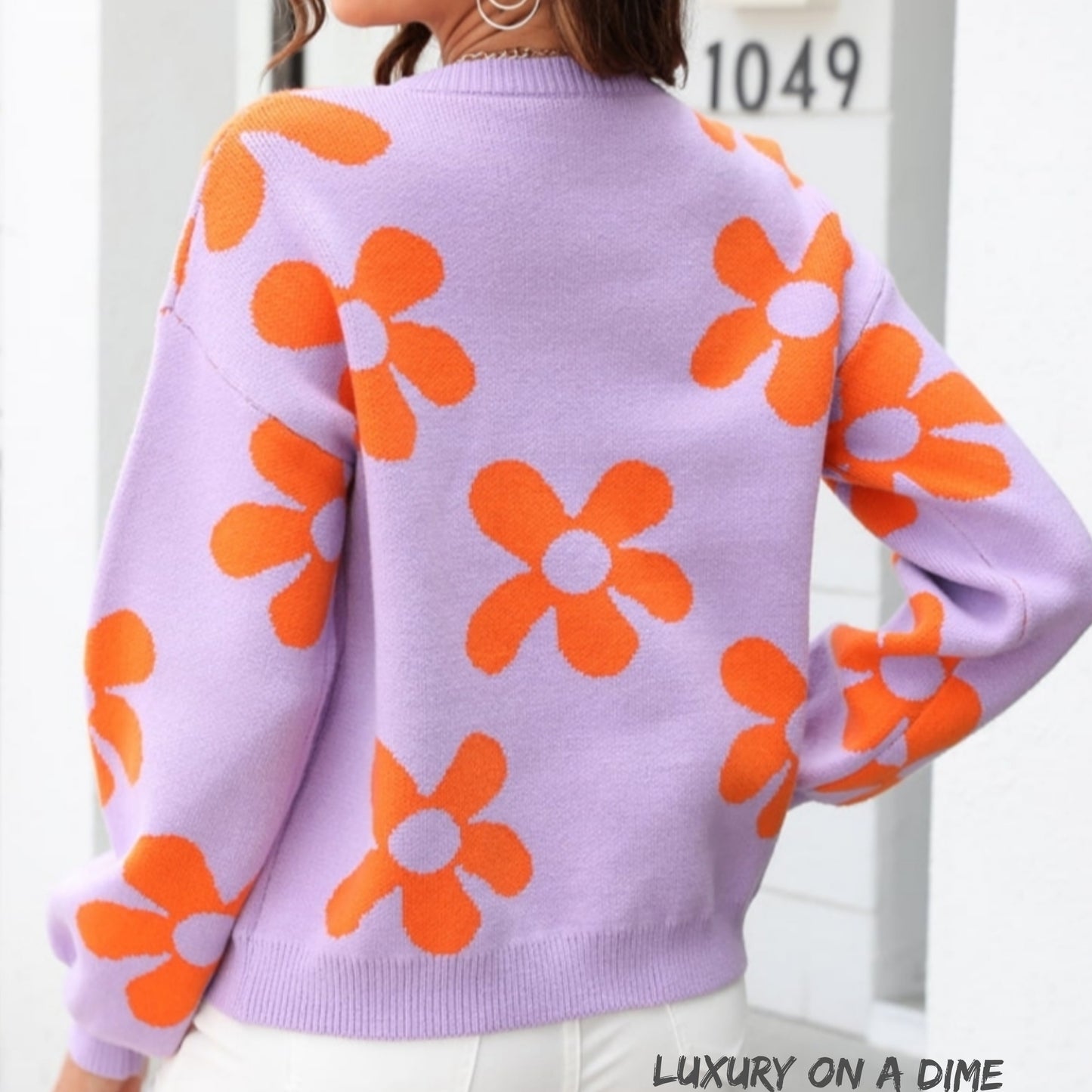 Flower Power Retro Floral Knit Round Neck Long Sleeve Oversized Pullover Sweater