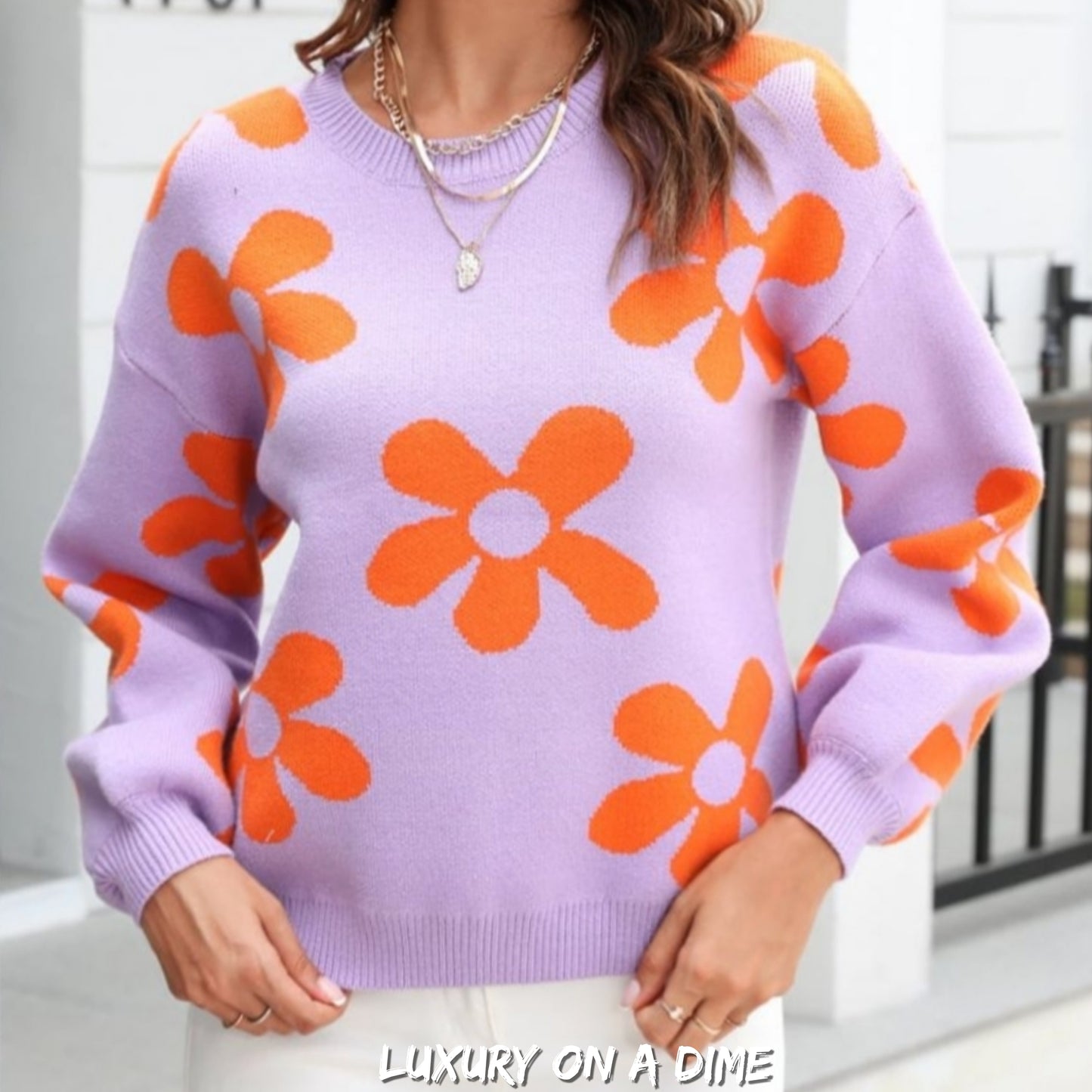Flower Power Retro Floral Knit Round Neck Long Sleeve Oversized Pullover Sweater