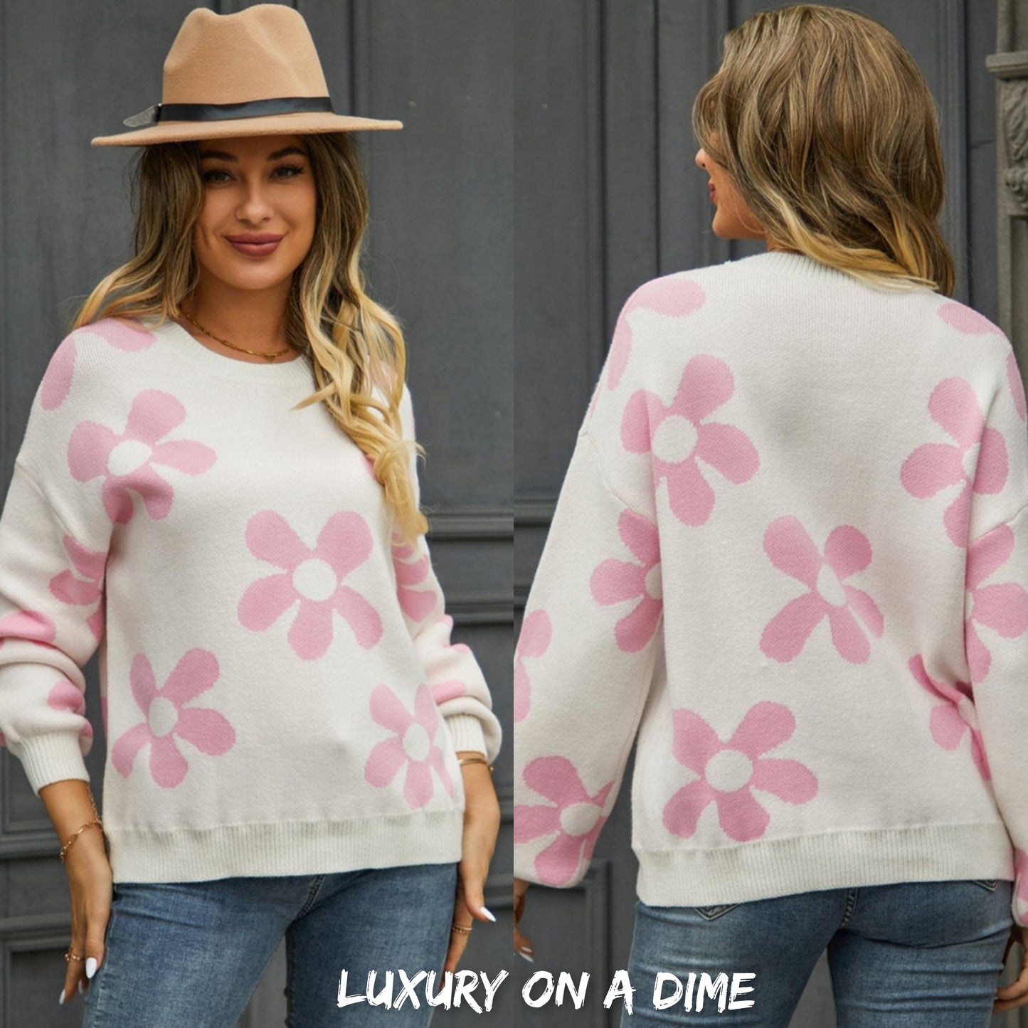 Flower Power Retro Floral Knit Round Neck Long Sleeve Oversized Pullover Sweater