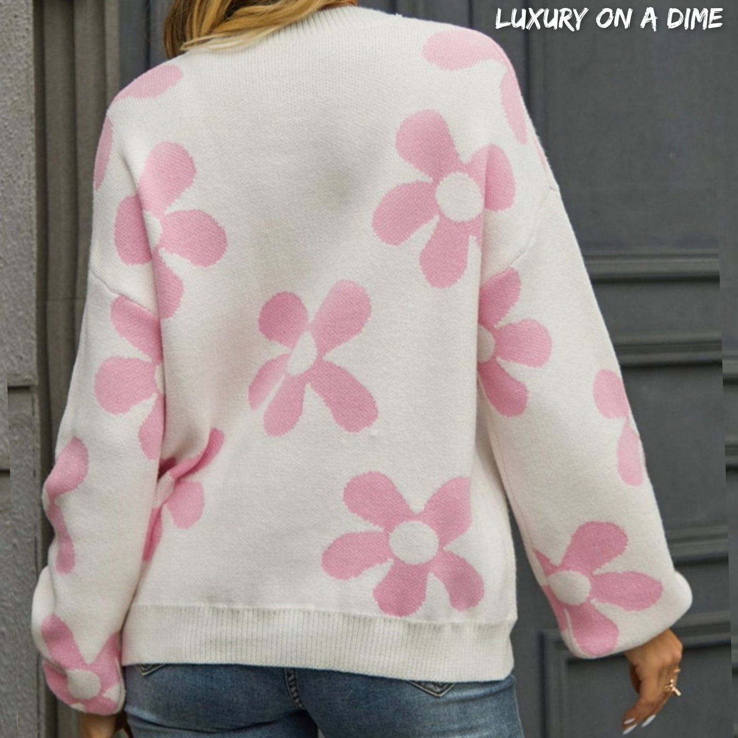 Flower Power Retro Floral Knit Round Neck Long Sleeve Oversized Pullover Sweater