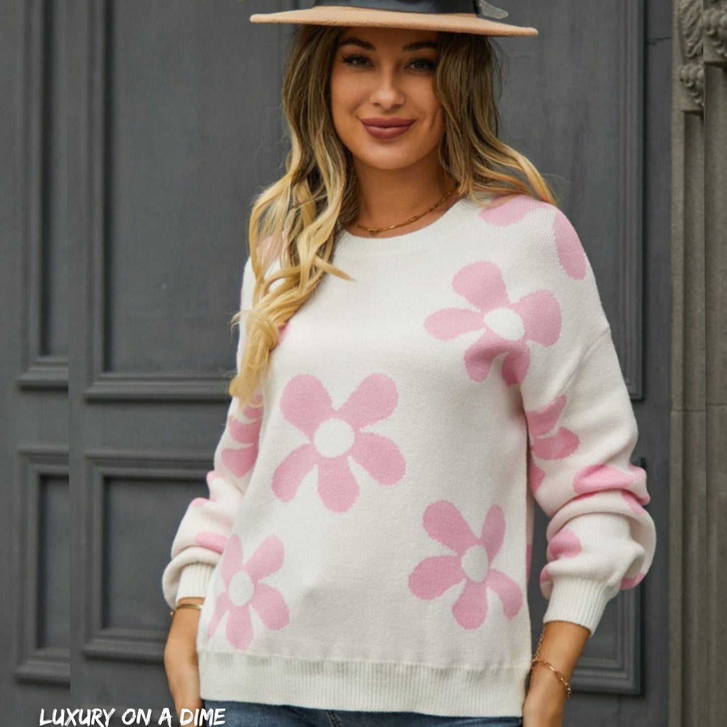 Flower Power Retro Floral Knit Round Neck Long Sleeve Oversized Pullover Sweater