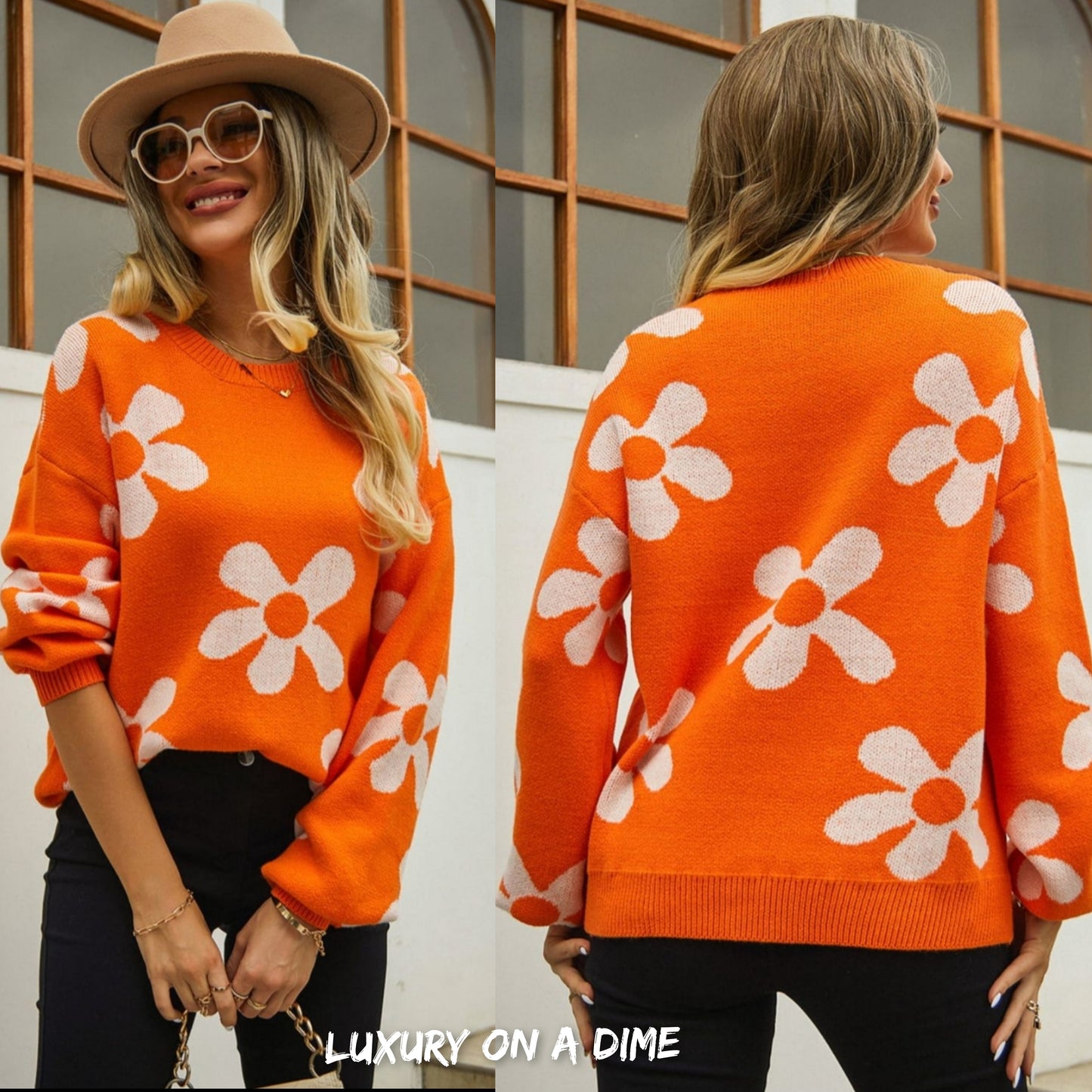 Flower Power Retro Floral Knit Round Neck Long Sleeve Oversized Pullover Sweater