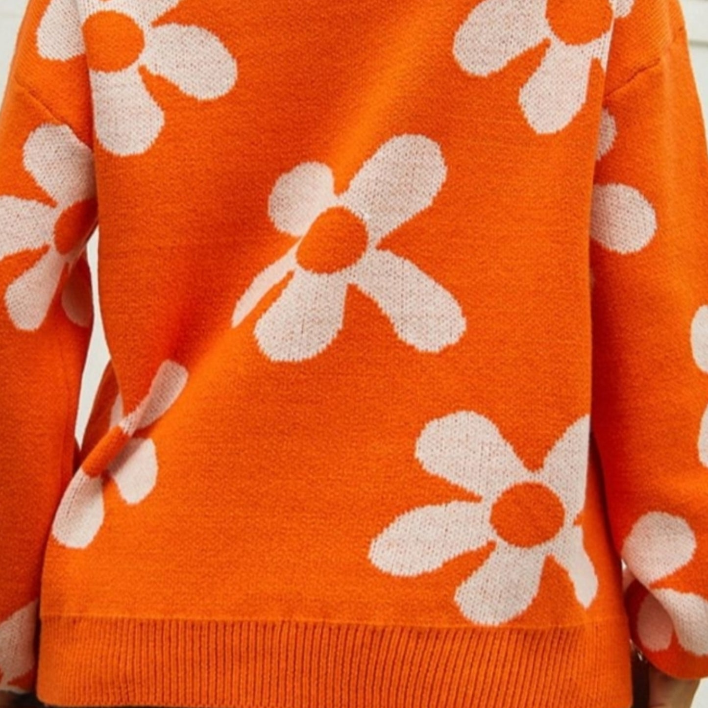 Flower Power Retro Floral Knit Round Neck Long Sleeve Oversized Pullover Sweater