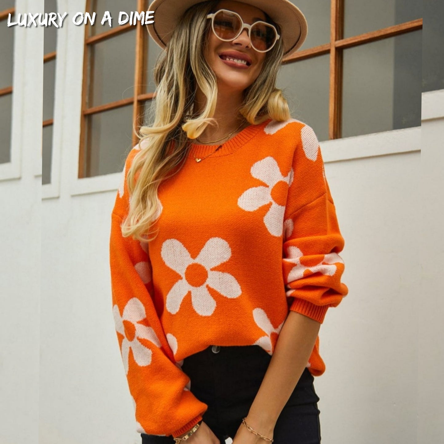 Flower Power Retro Floral Knit Round Neck Long Sleeve Oversized Pullover Sweater