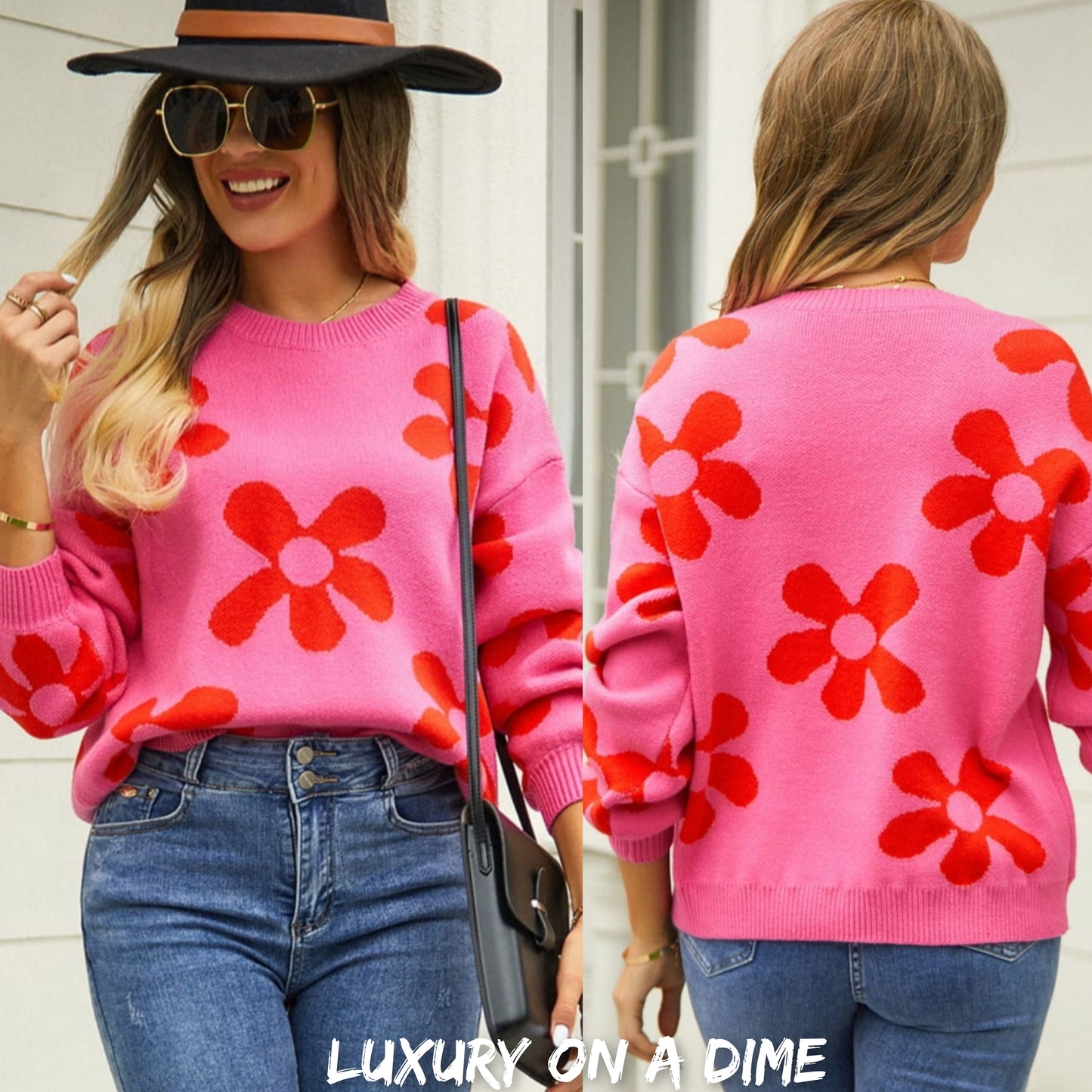 Flower Power Retro Floral Knit Round Neck Long Sleeve Oversized Pullover Sweater