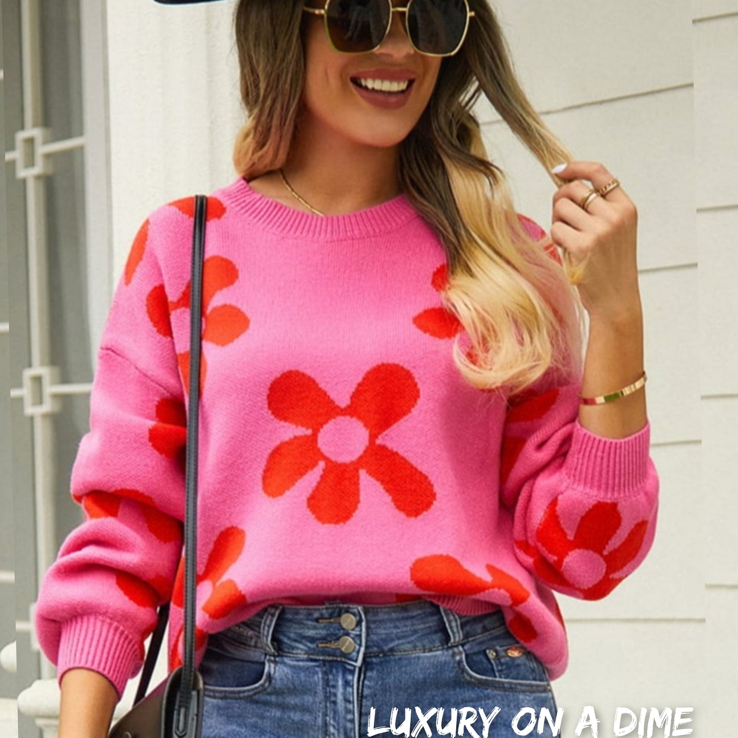 Flower Power Retro Floral Knit Round Neck Long Sleeve Oversized Pullover Sweater