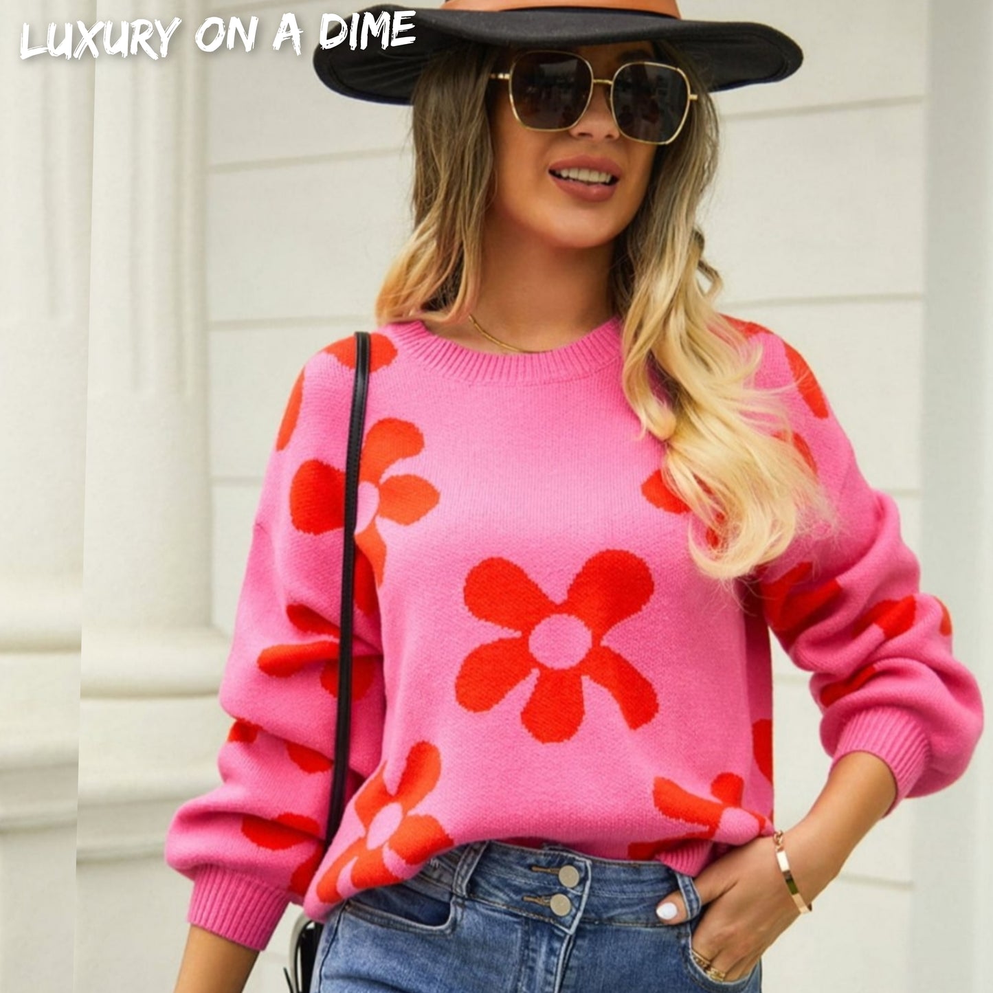 Flower Power Retro Floral Knit Round Neck Long Sleeve Oversized Pullover Sweater