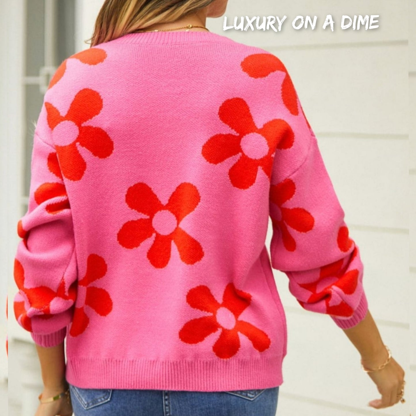 Flower Power Retro Floral Knit Round Neck Long Sleeve Oversized Pullover Sweater