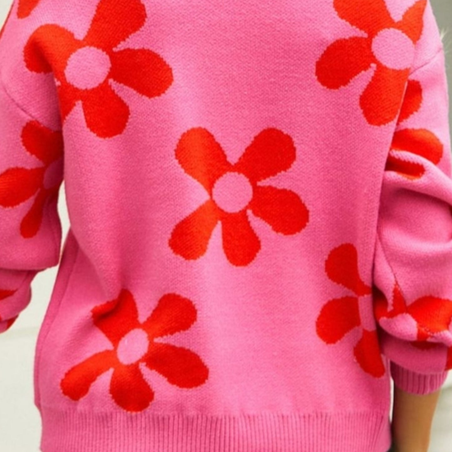 Flower Power Retro Floral Knit Round Neck Long Sleeve Oversized Pullover Sweater