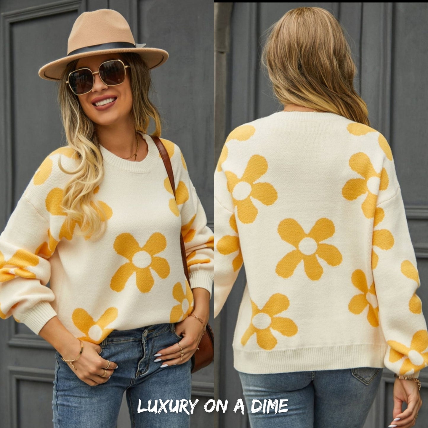 Flower Power Retro Floral Knit Round Neck Long Sleeve Oversized Pullover Sweater