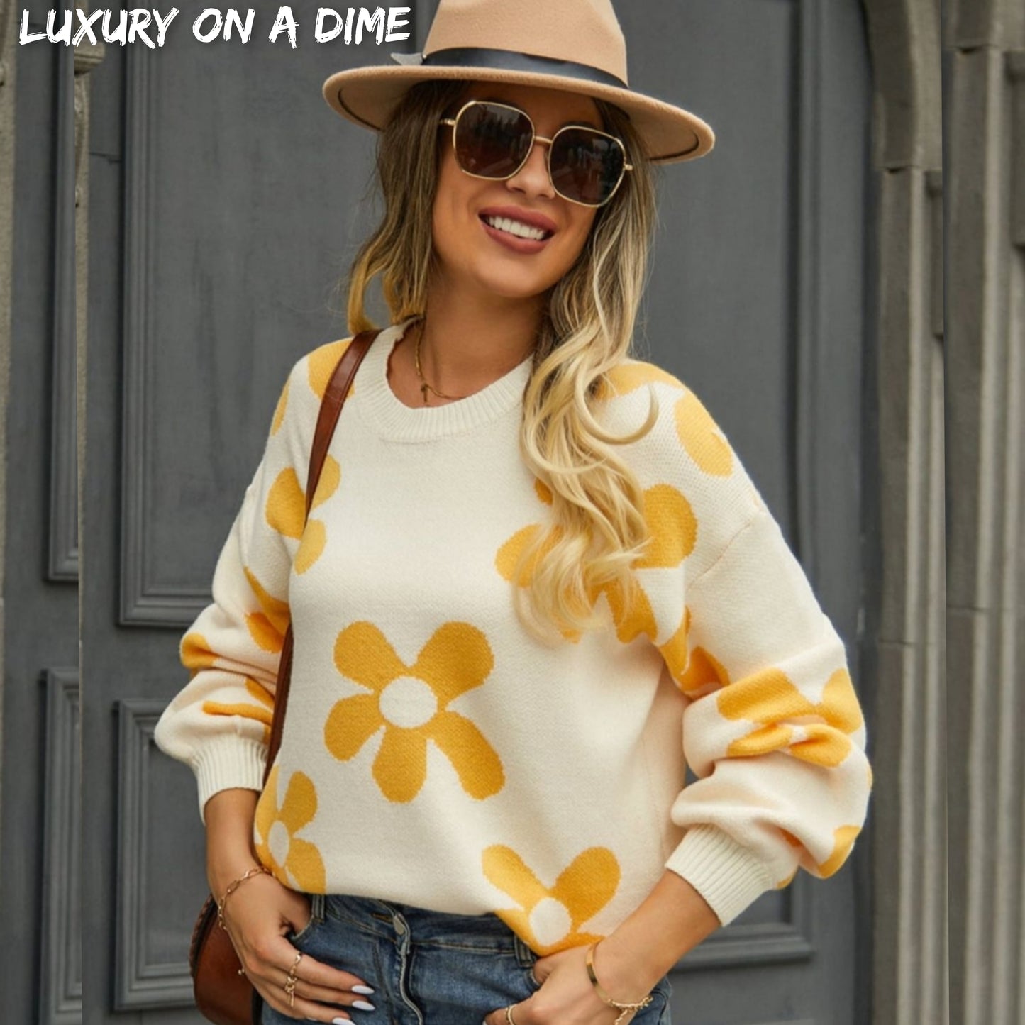 Flower Power Retro Floral Knit Round Neck Long Sleeve Oversized Pullover Sweater