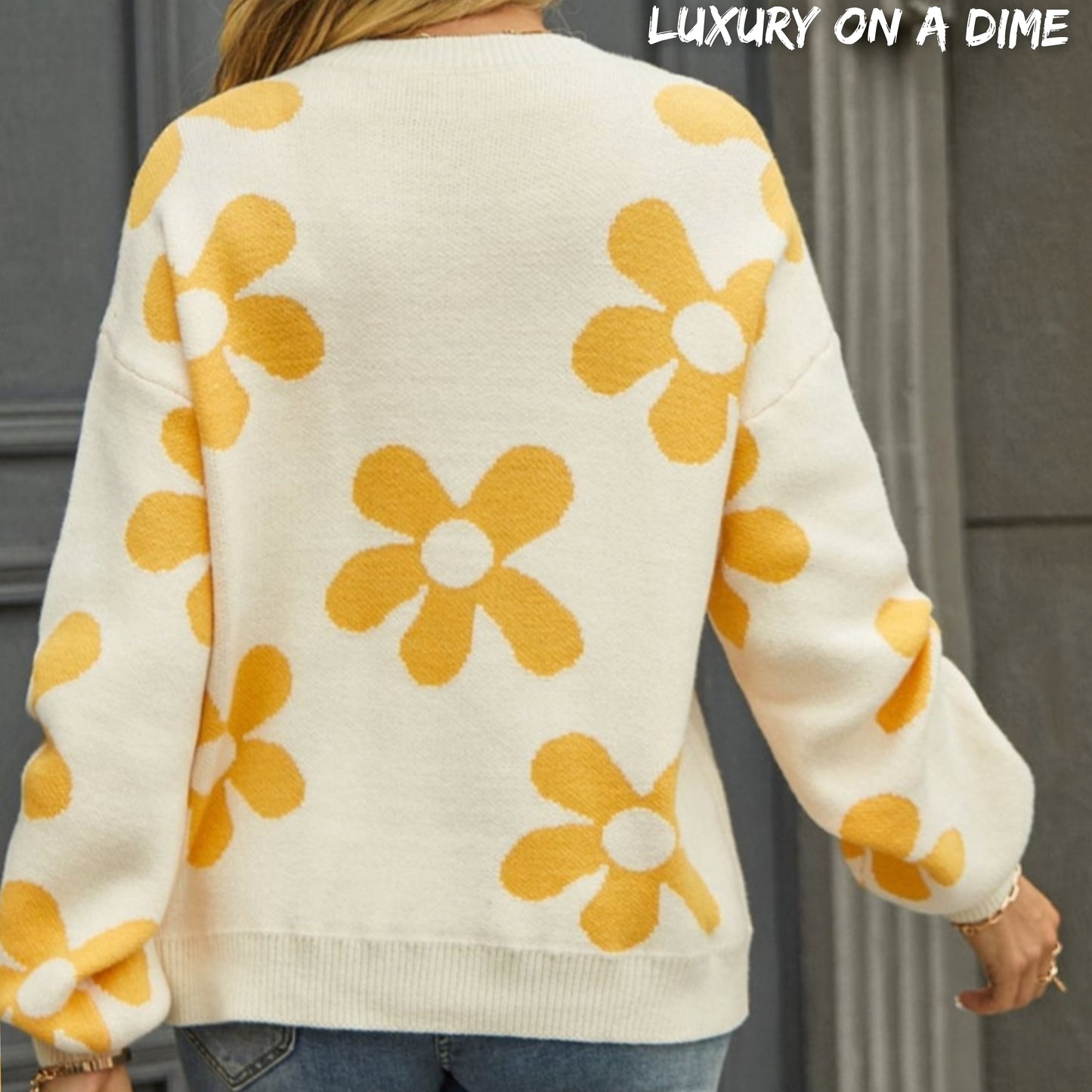 Flower Power Retro Floral Knit Round Neck Long Sleeve Oversized Pullover Sweater