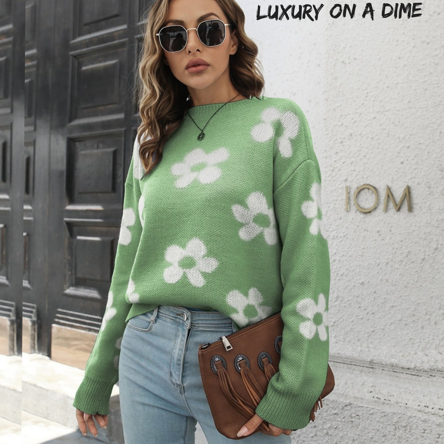 Retro Flower Power Round Neck Long Sleeve Floral Knit Oversized Pullover Sweater