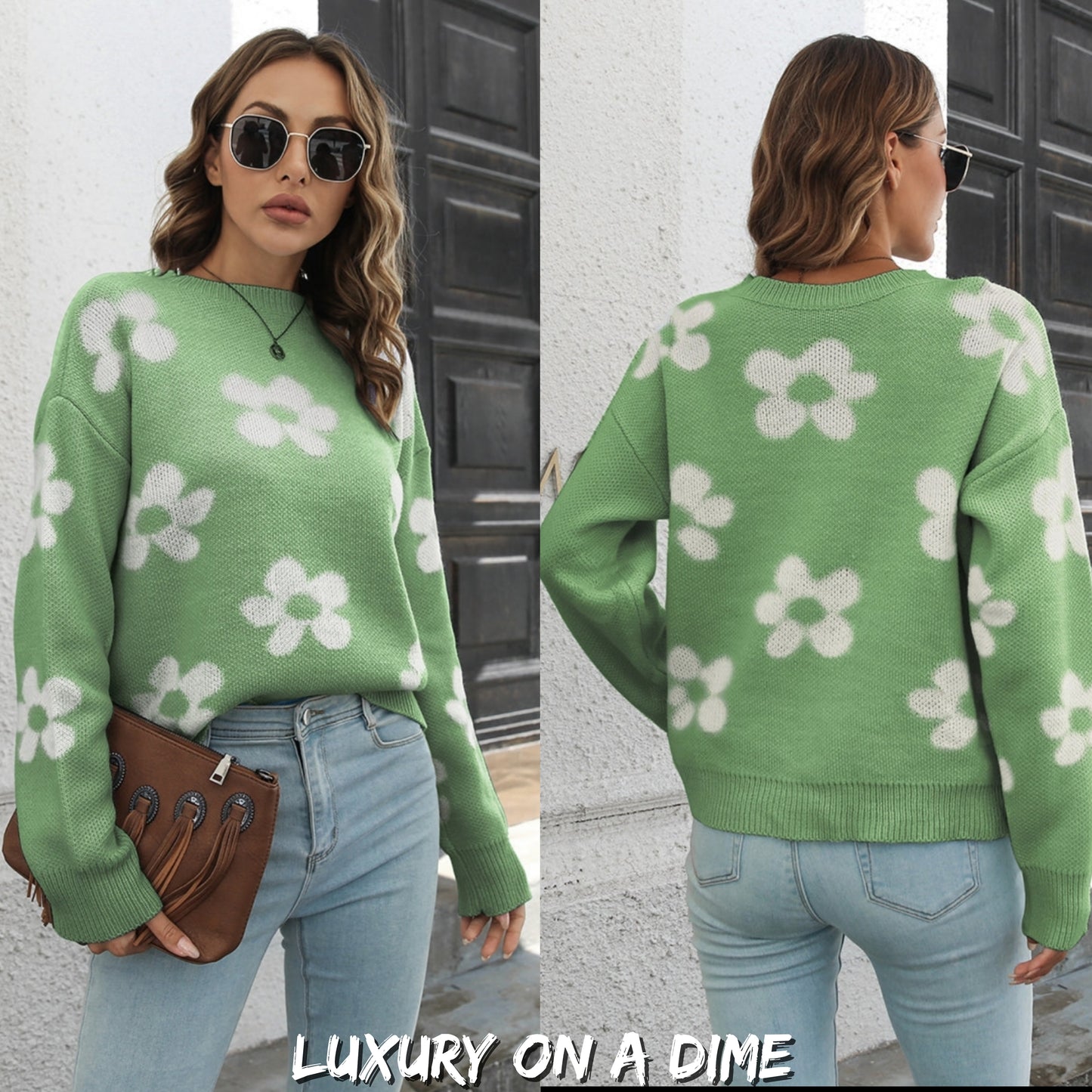Retro Flower Power Round Neck Long Sleeve Floral Knit Oversized Pullover Sweater