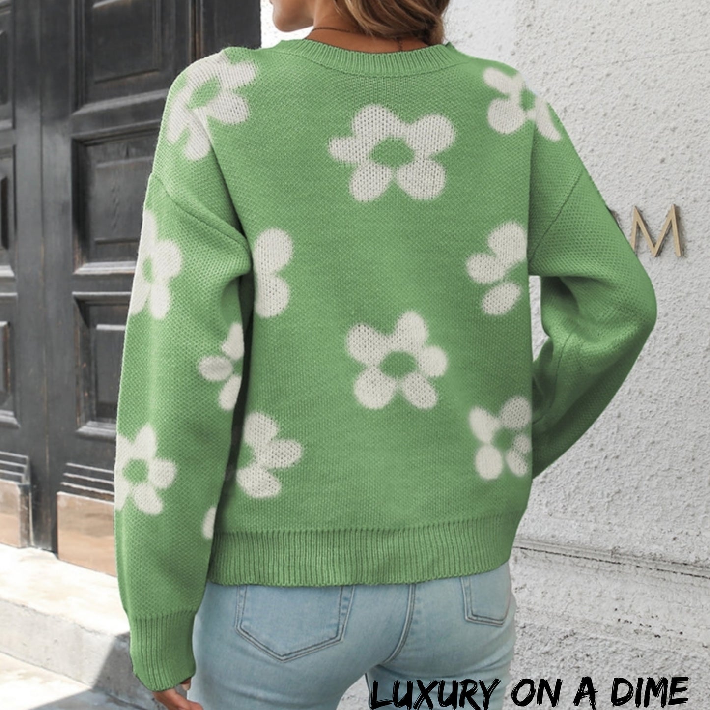 Retro Flower Power Round Neck Long Sleeve Floral Knit Oversized Pullover Sweater