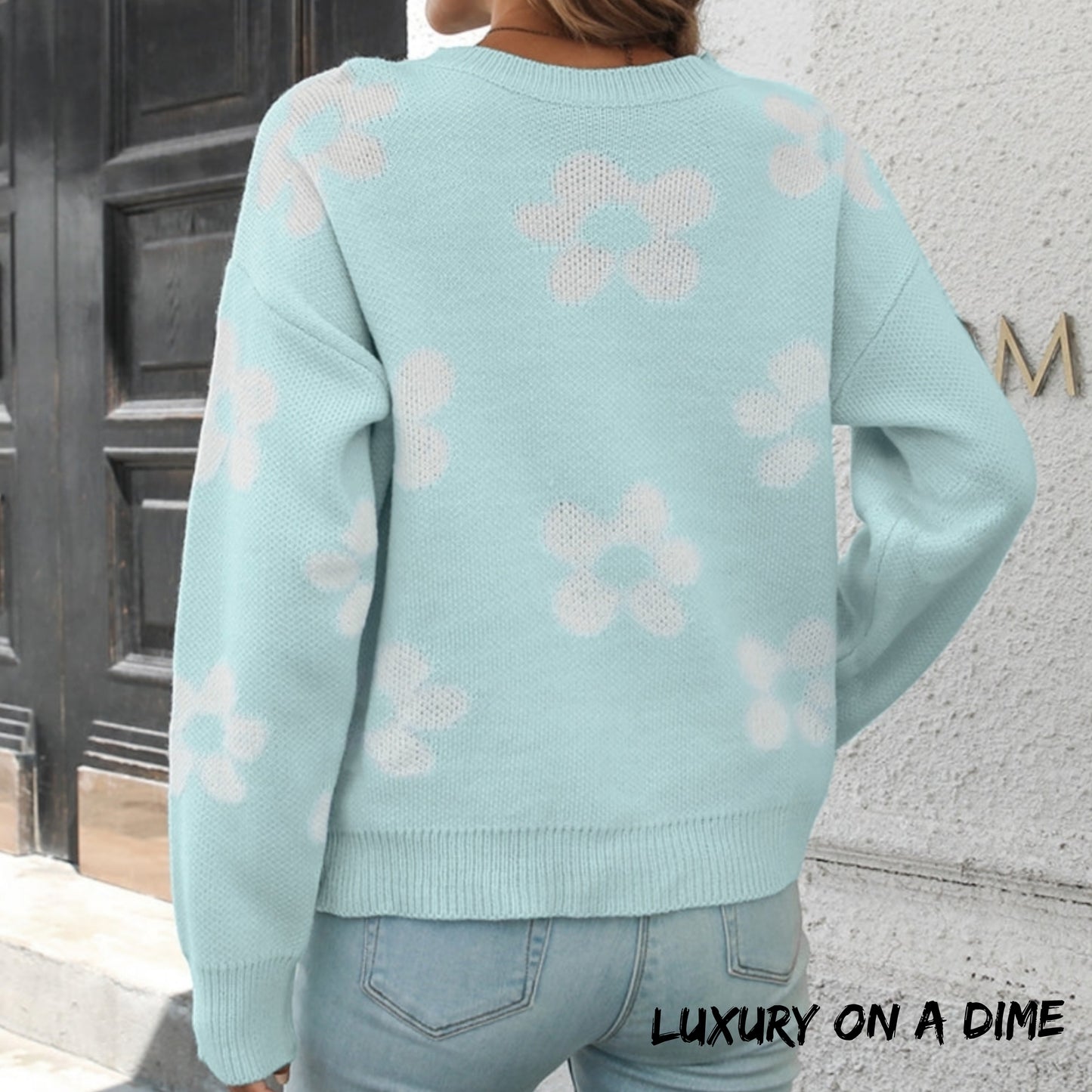 Retro Flower Power Round Neck Long Sleeve Floral Knit Oversized Pullover Sweater