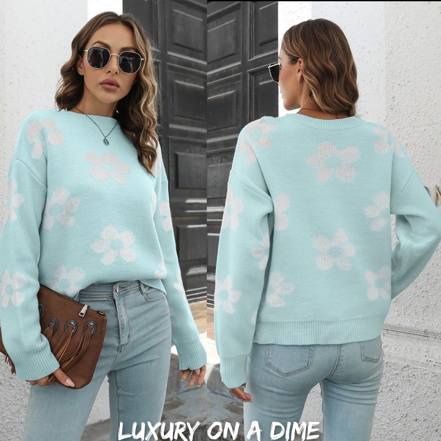 Retro Flower Power Round Neck Long Sleeve Floral Knit Oversized Pullover Sweater