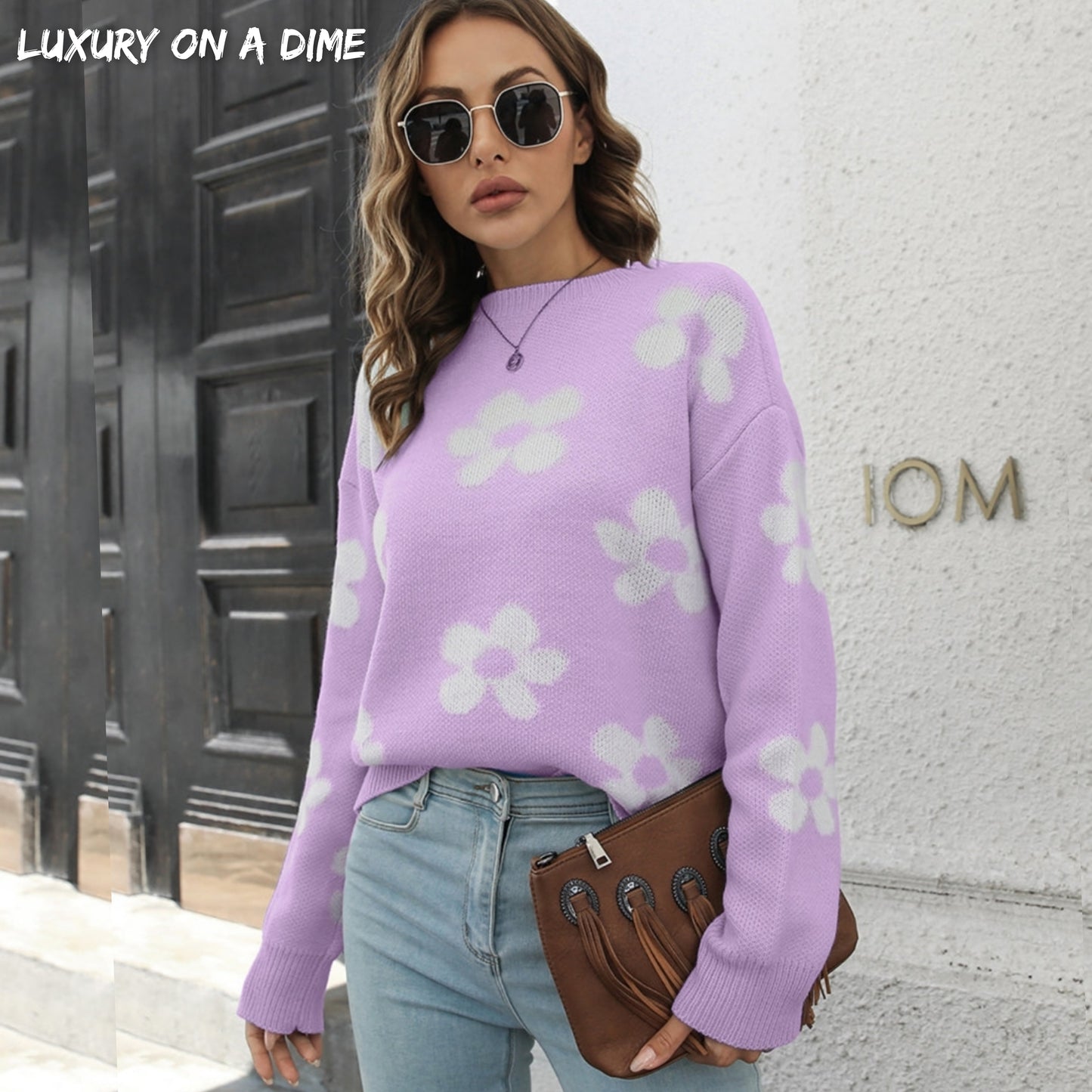 Retro Flower Power Round Neck Long Sleeve Floral Knit Oversized Pullover Sweater