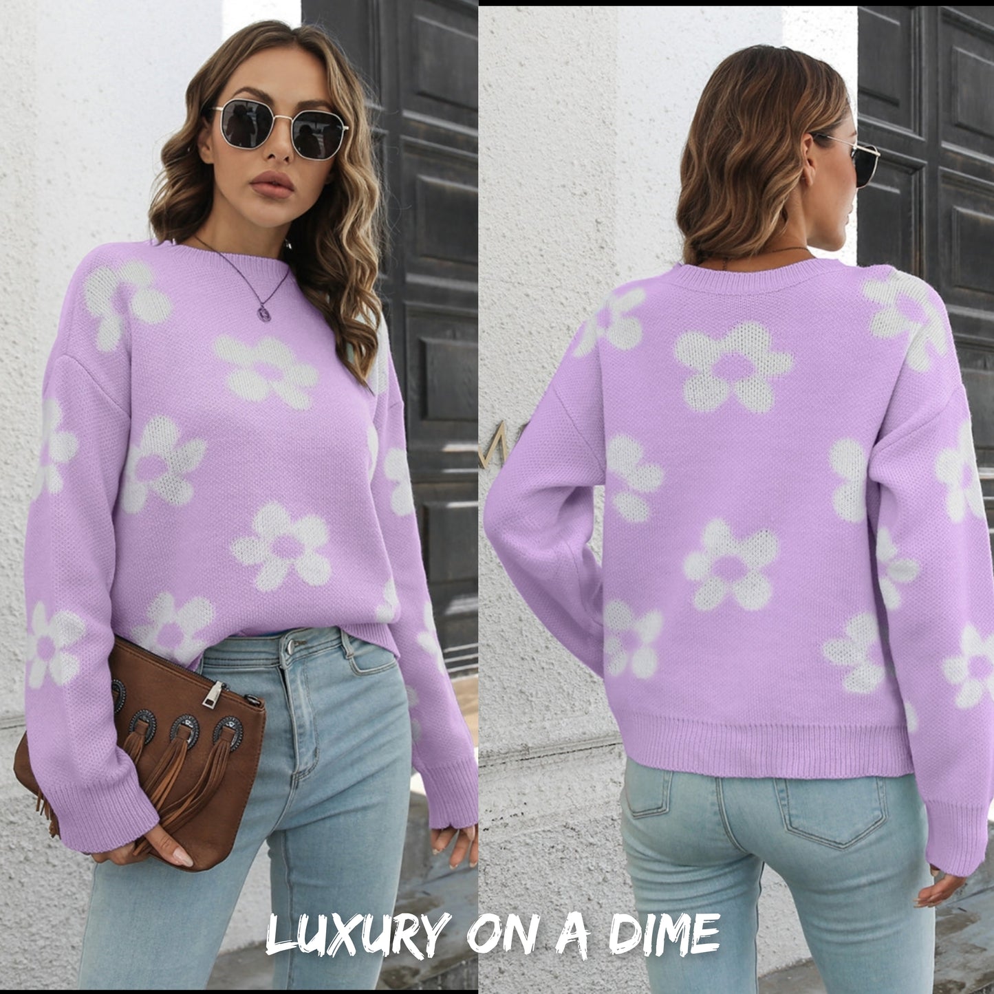 Retro Flower Power Round Neck Long Sleeve Floral Knit Oversized Pullover Sweater