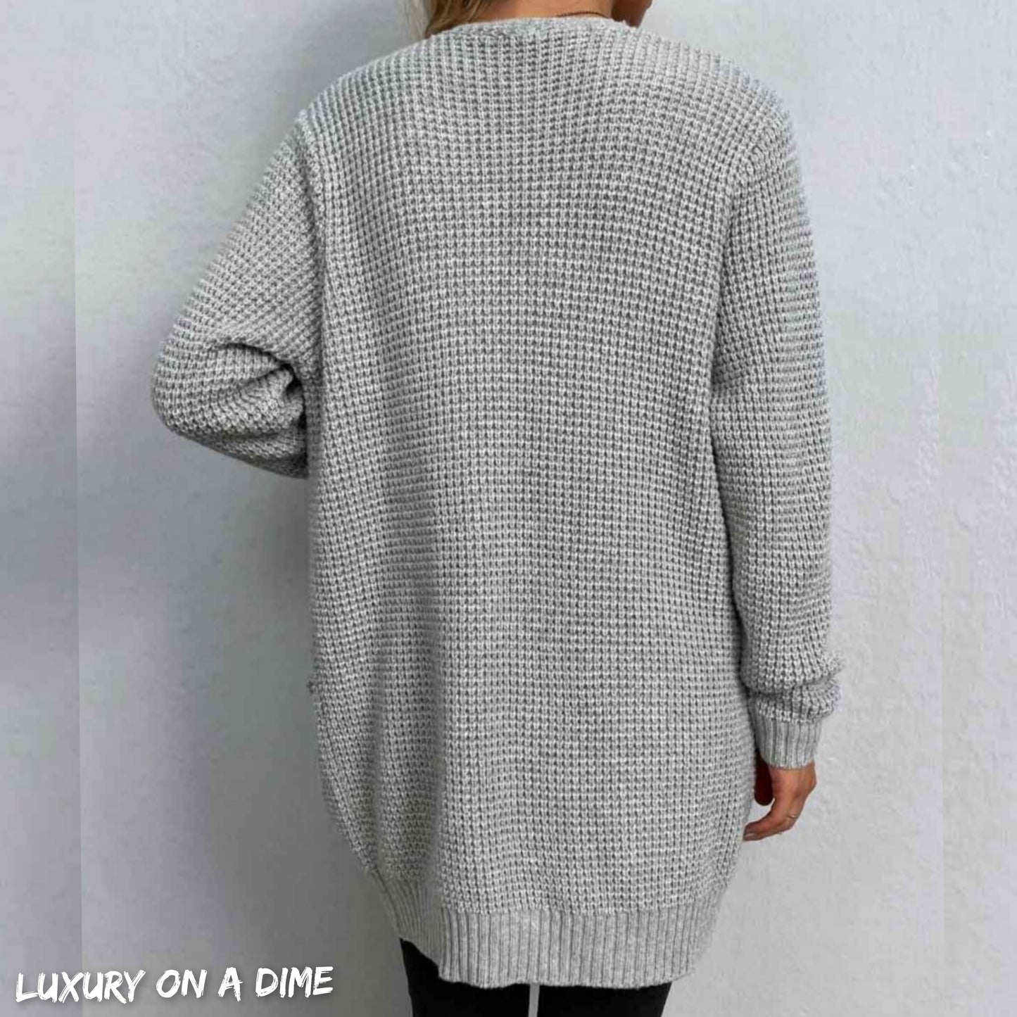 Waffle Knit Longline Open Front Sweater Pocket Cardigan