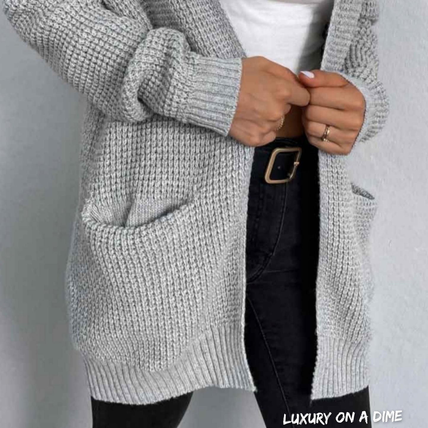 Waffle Knit Longline Open Front Sweater Pocket Cardigan