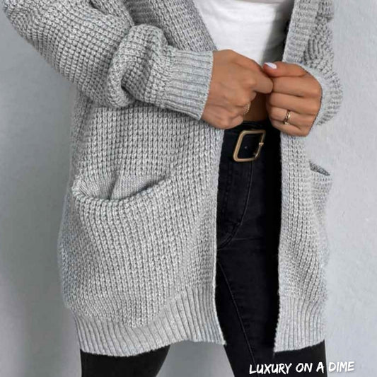 Waffle Knit Longline Open Front Sweater Pocket Cardigan