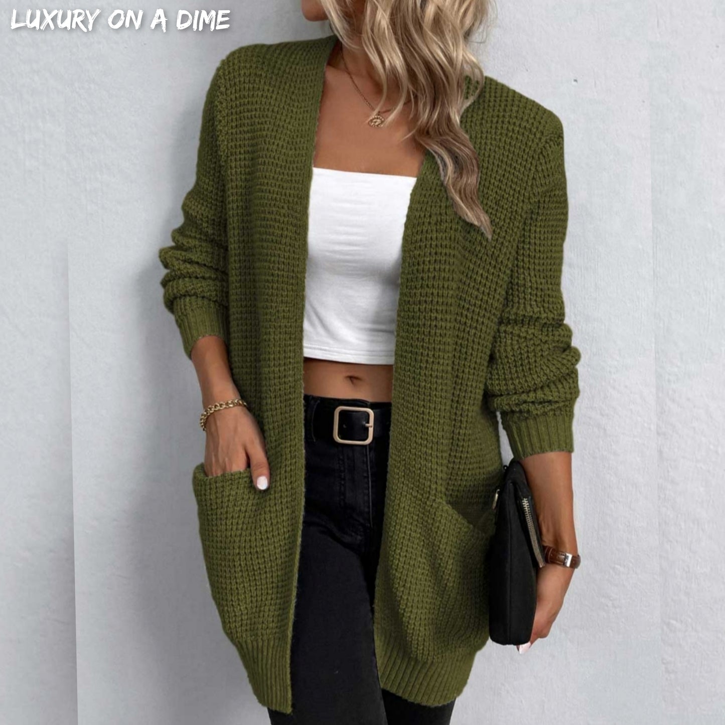 Waffle Knit Longline Open Front Sweater Pocket Cardigan