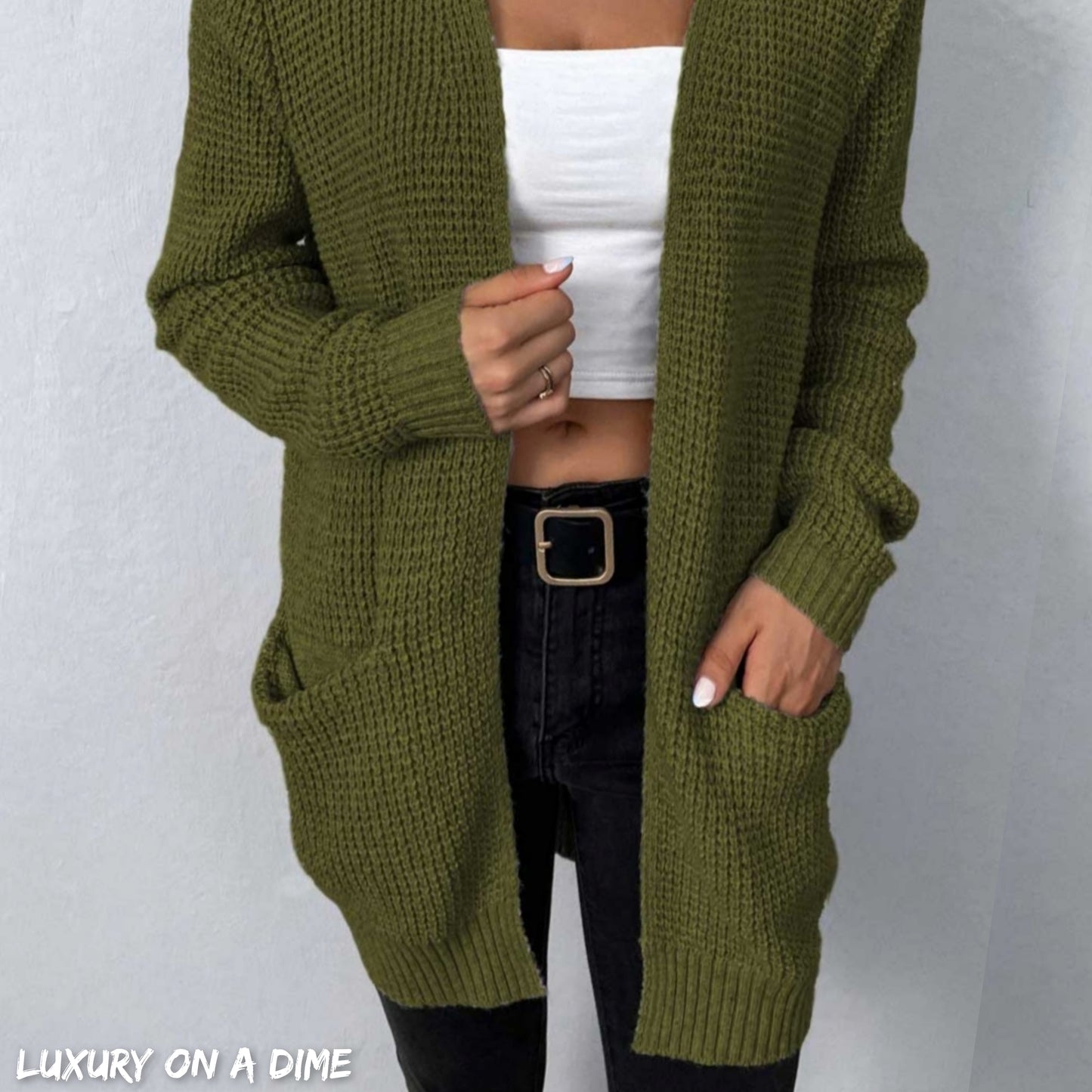 Waffle Knit Longline Open Front Sweater Pocket Cardigan