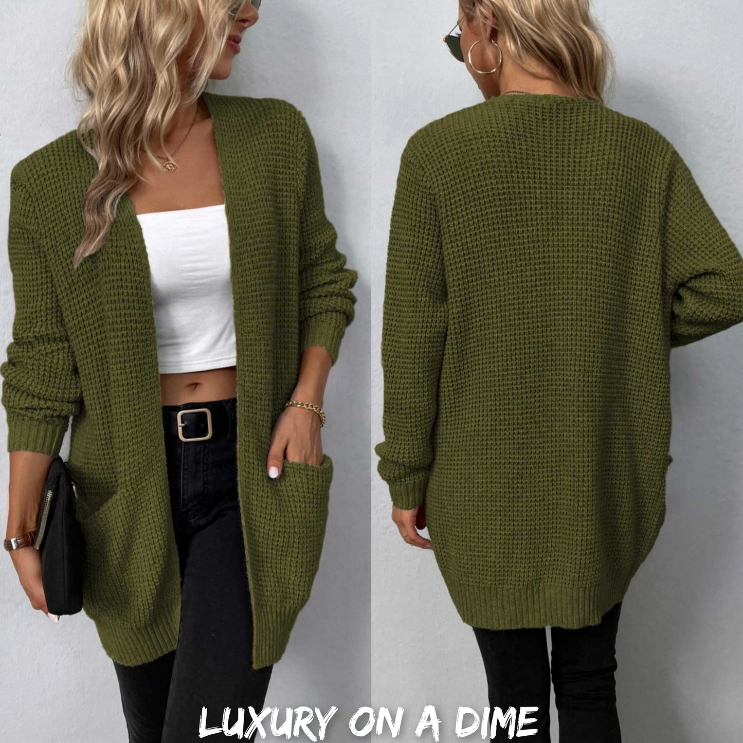 Waffle Knit Longline Open Front Sweater Pocket Cardigan