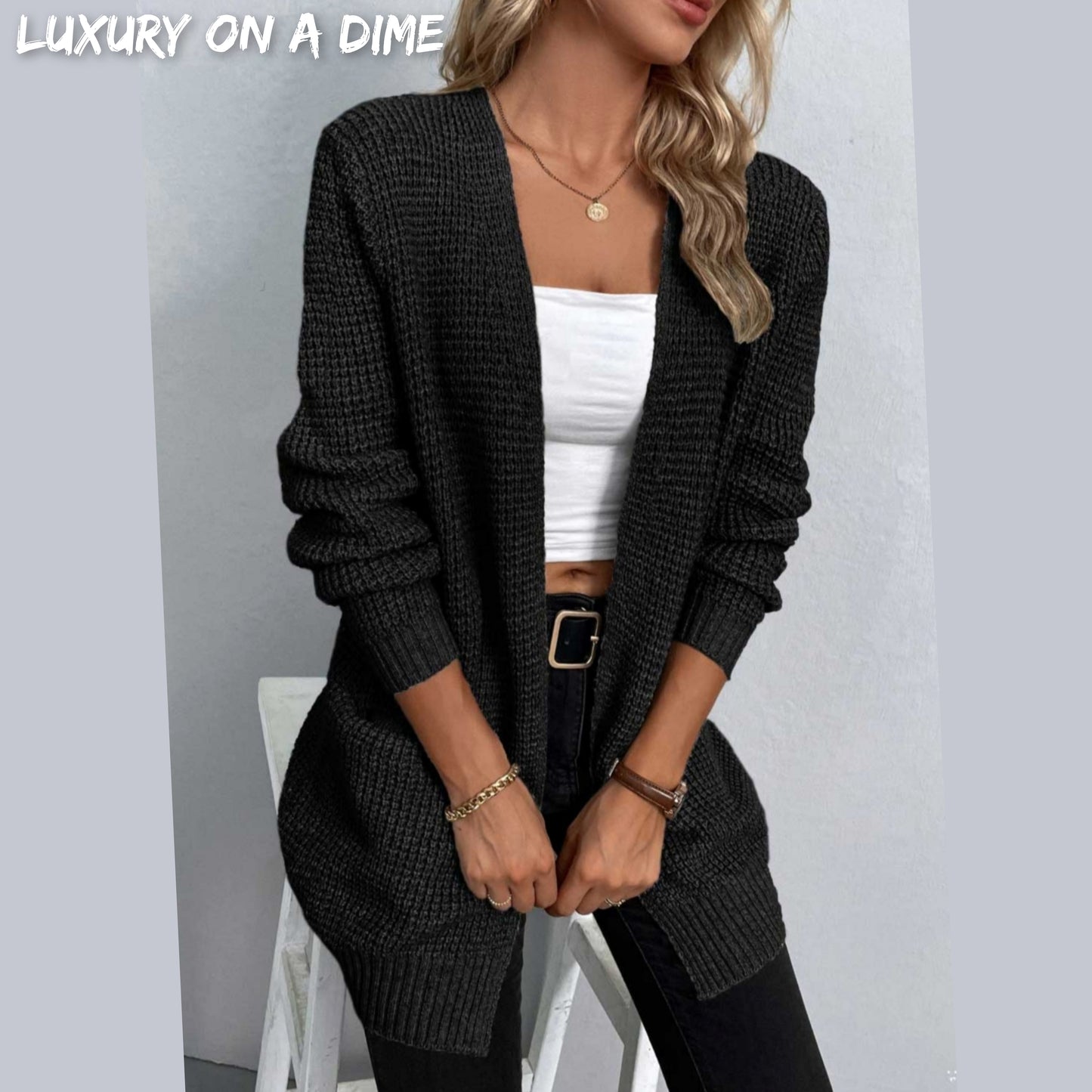 Waffle Knit Longline Open Front Sweater Pocket Cardigan