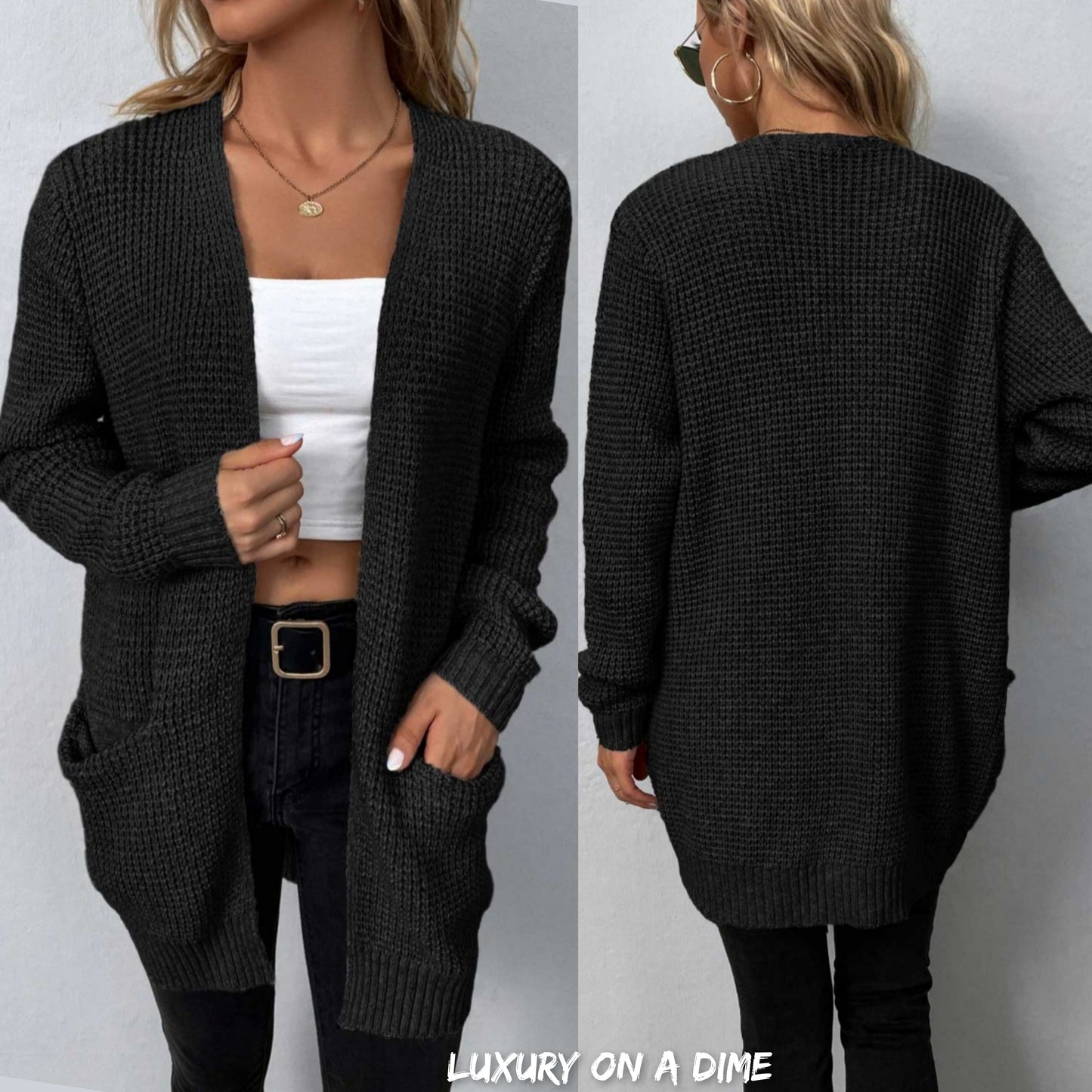 Waffle Knit Longline Open Front Sweater Pocket Cardigan